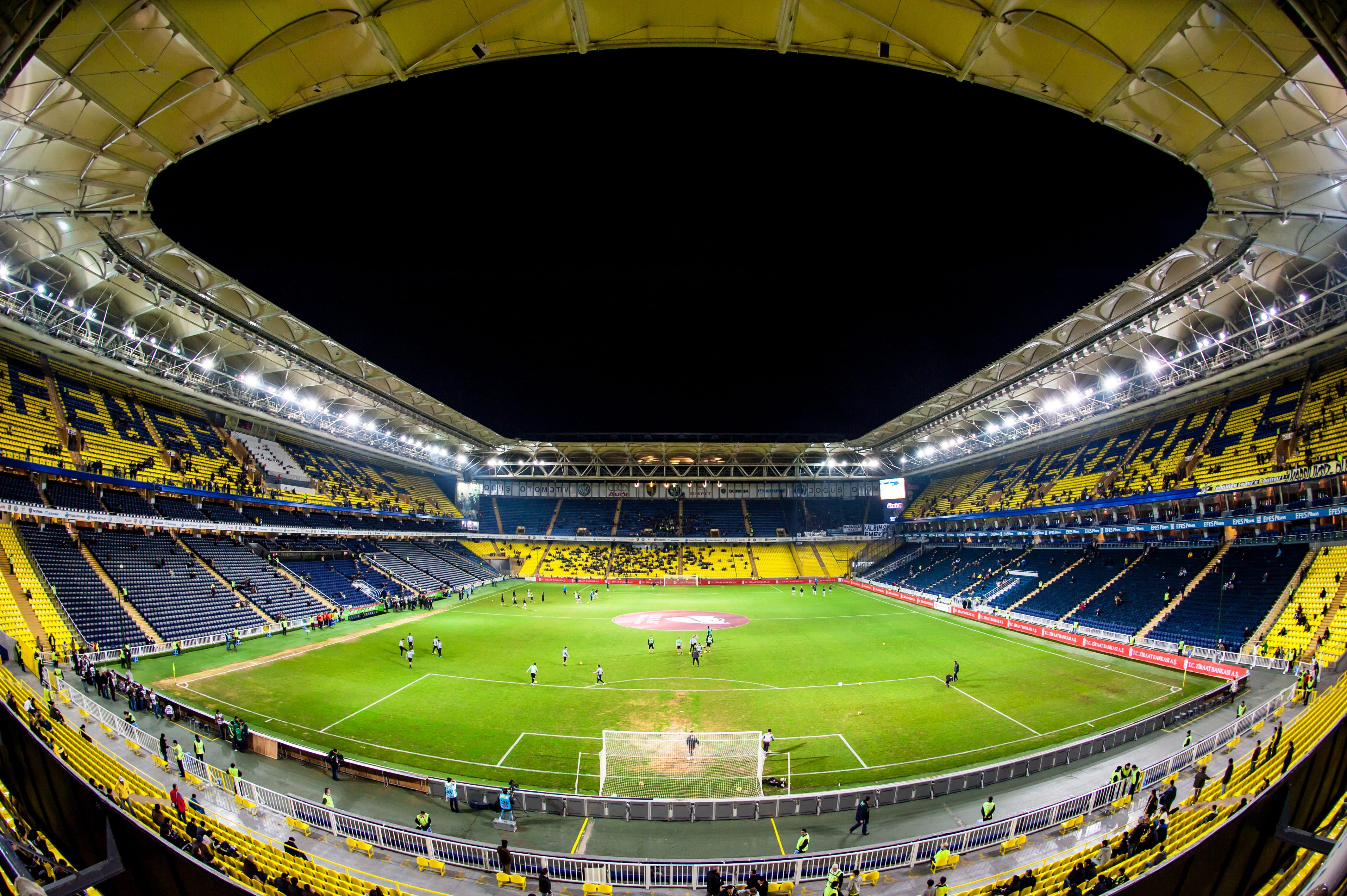 empty, night, blue, game, illuminated, sport, soccer, green color, no people, goal, photography, seat, green, fisheye, grass, rank, team sport, black, yellow, HD Wallpaper