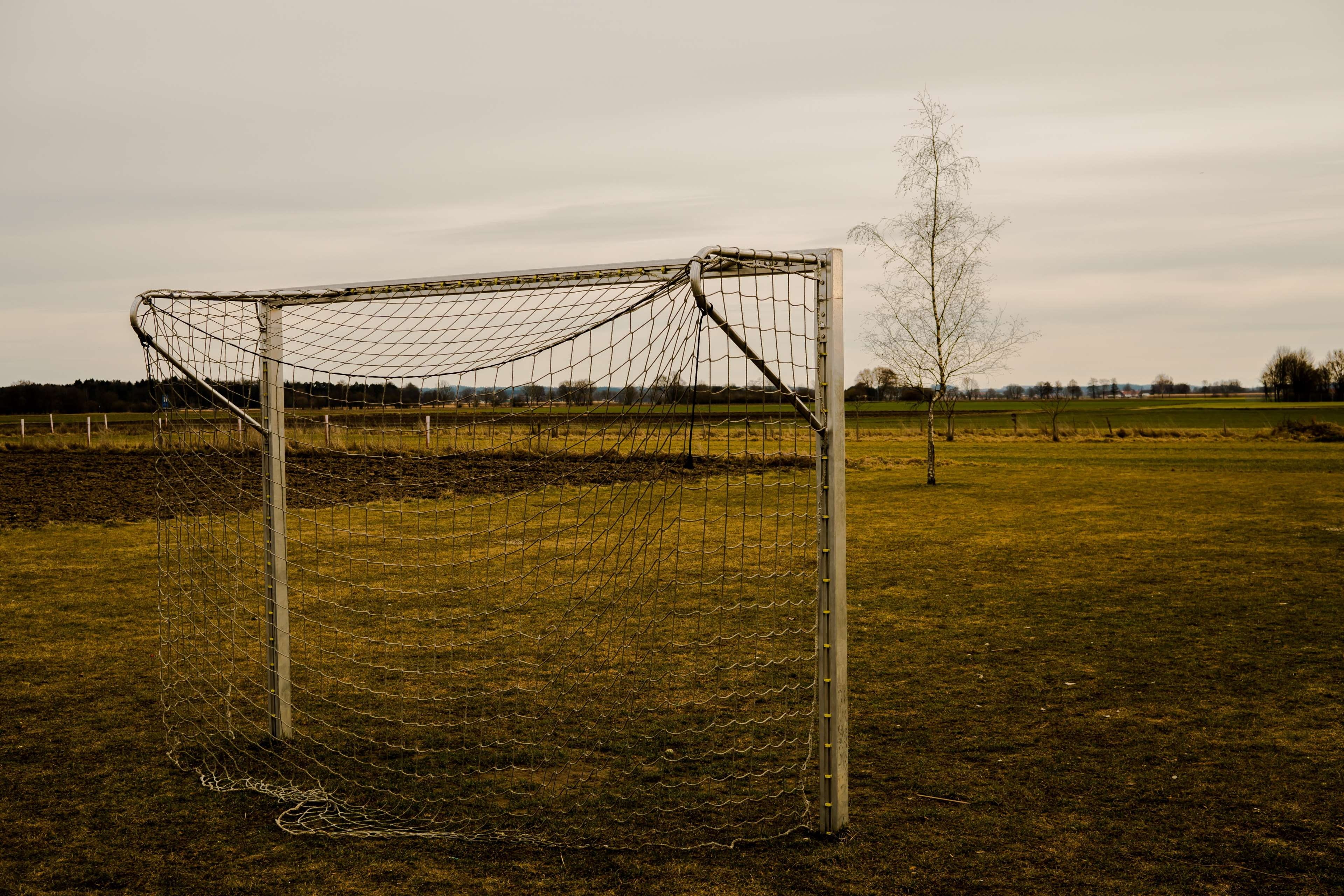 ball game, green, goal, sports ground, sky, football field, goal net, network, 4K, absence, outdoors, fire doors, bolzplatz, sport, landscape, soccer, HD Wallpaper