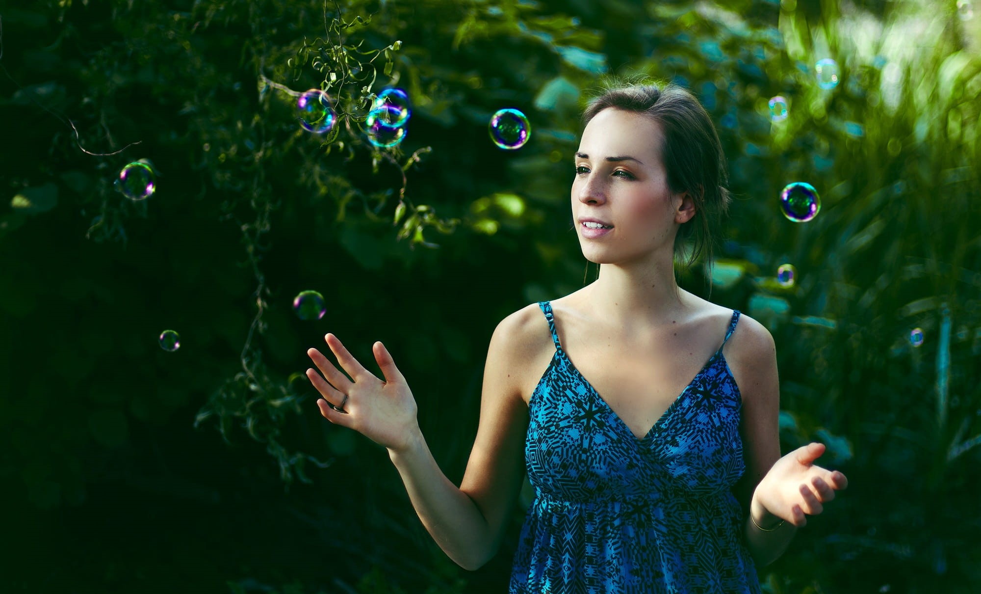cheerful, dress, plant, women, hairstyle, blue dress, color Image, females, blue, 1080P, front view, waist up, lifestyles, blowing, young women, casual clothing, HD Wallpaper