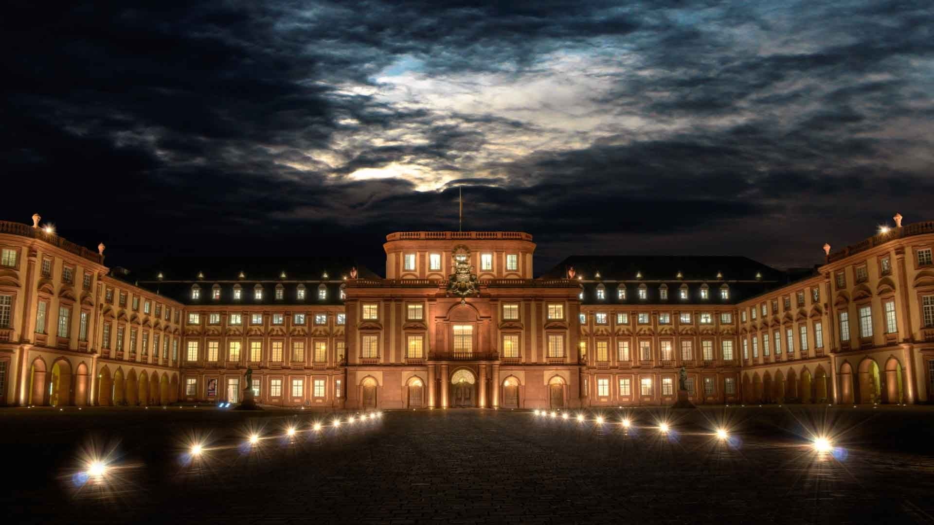 night, hd, lights, statue, 1080P, university, mannheim, HD Wallpaper