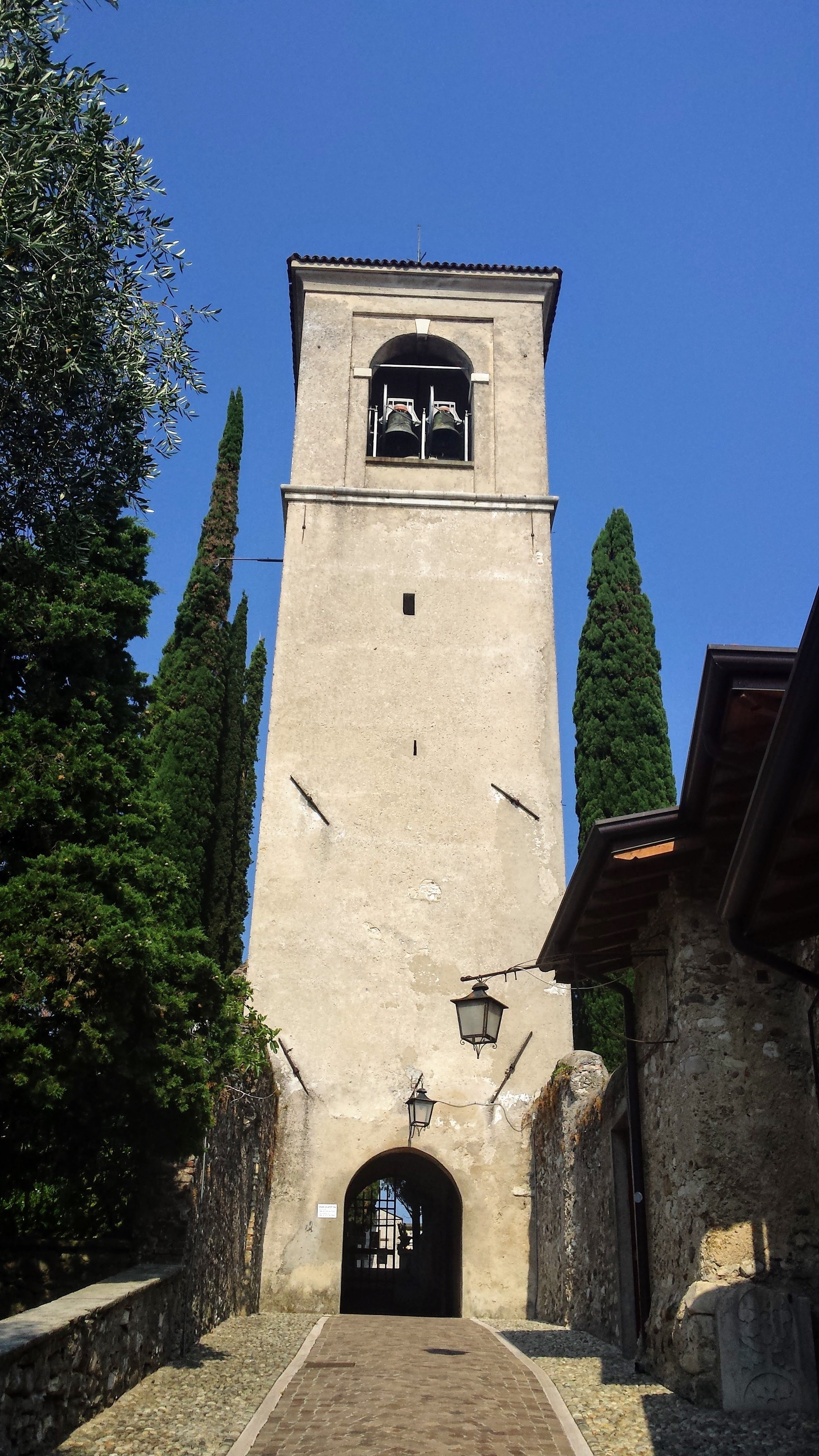 low angle view, spirituality, no people, tree, church tower, nature, sky, church, architecture, clear sky, blue, tower, belief, religion, building, 4K, Phone HD Wallpaper