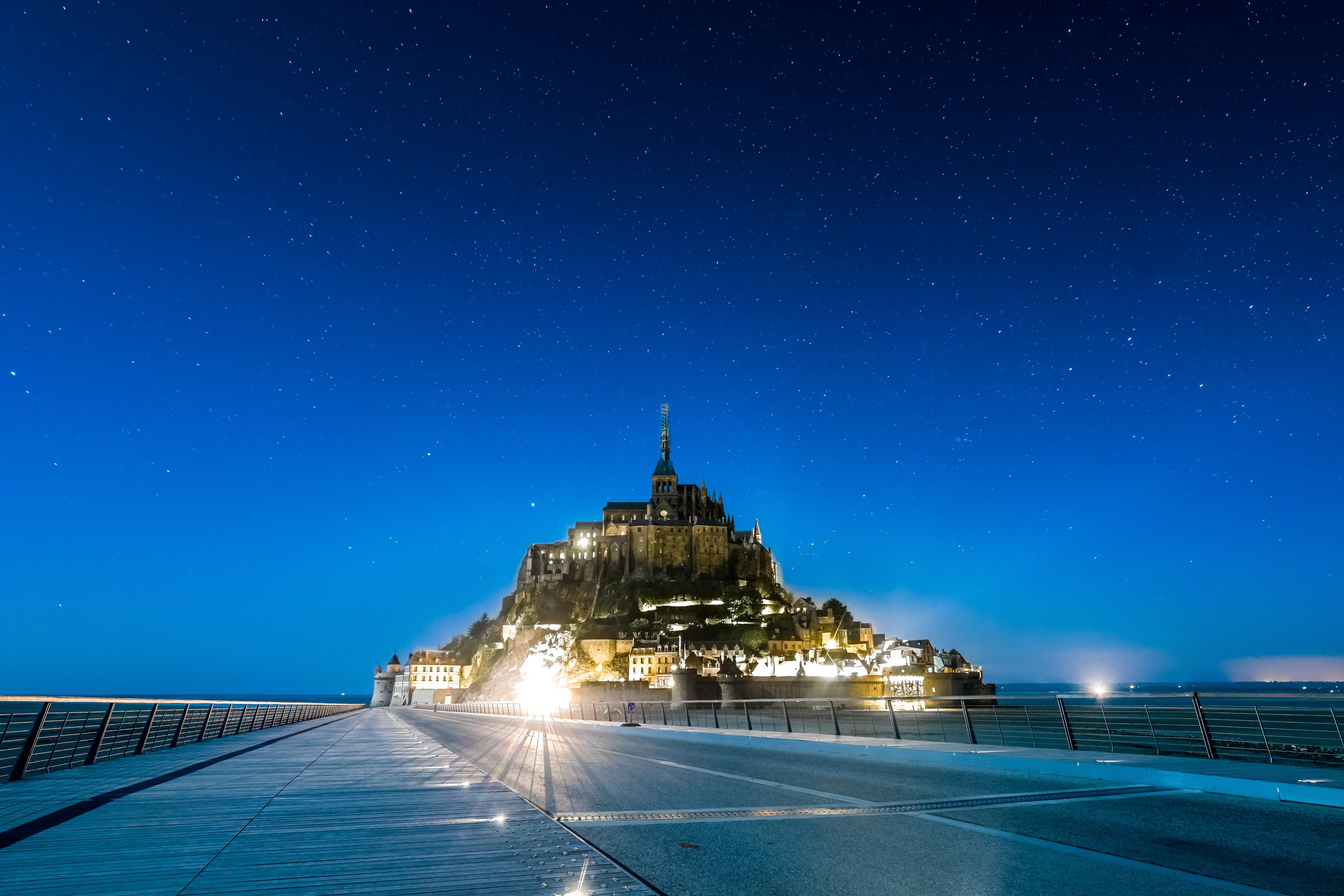 coast, blue hour, building, saint, outdoors, night sky, mont saint michel, belief, city, church, spirituality, road, travel, mont, nighttime, no people, HD Wallpaper