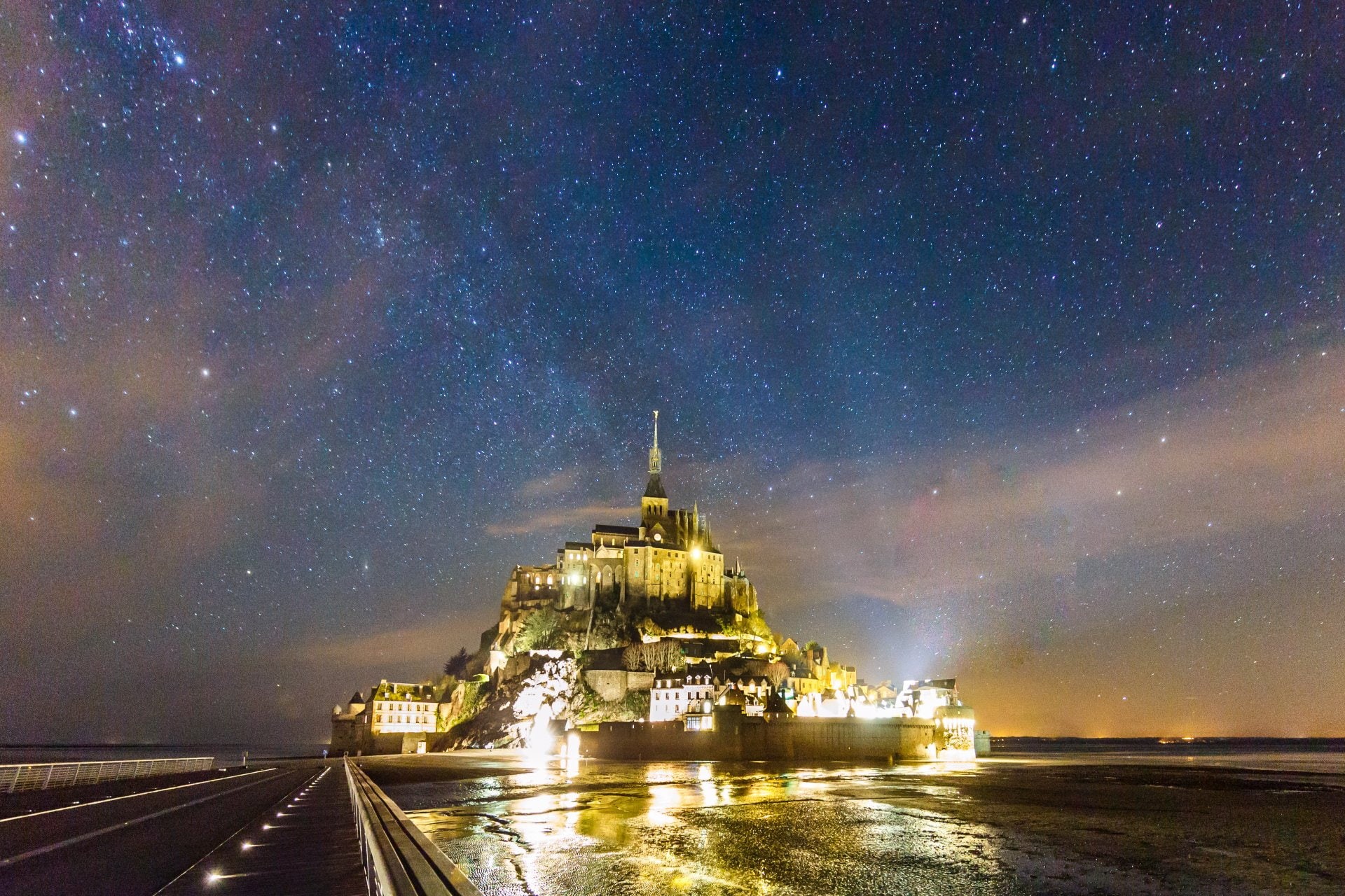 Monastery, Religious, Light, Stars, Mont Saint-Michel, Night, 1080P, Starry Sky, HD Wallpaper