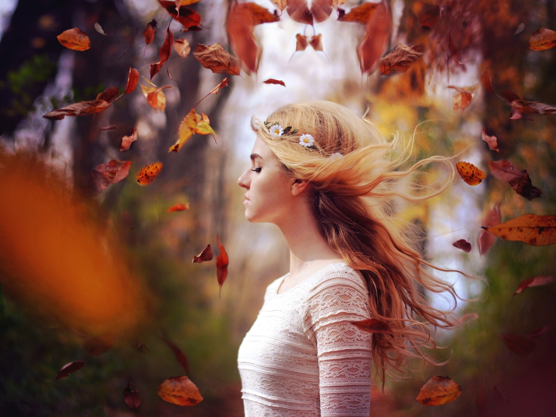 Autumn, Leaves, Flying, Wind, 1080P, Blonde, Girl, HD Wallpaper