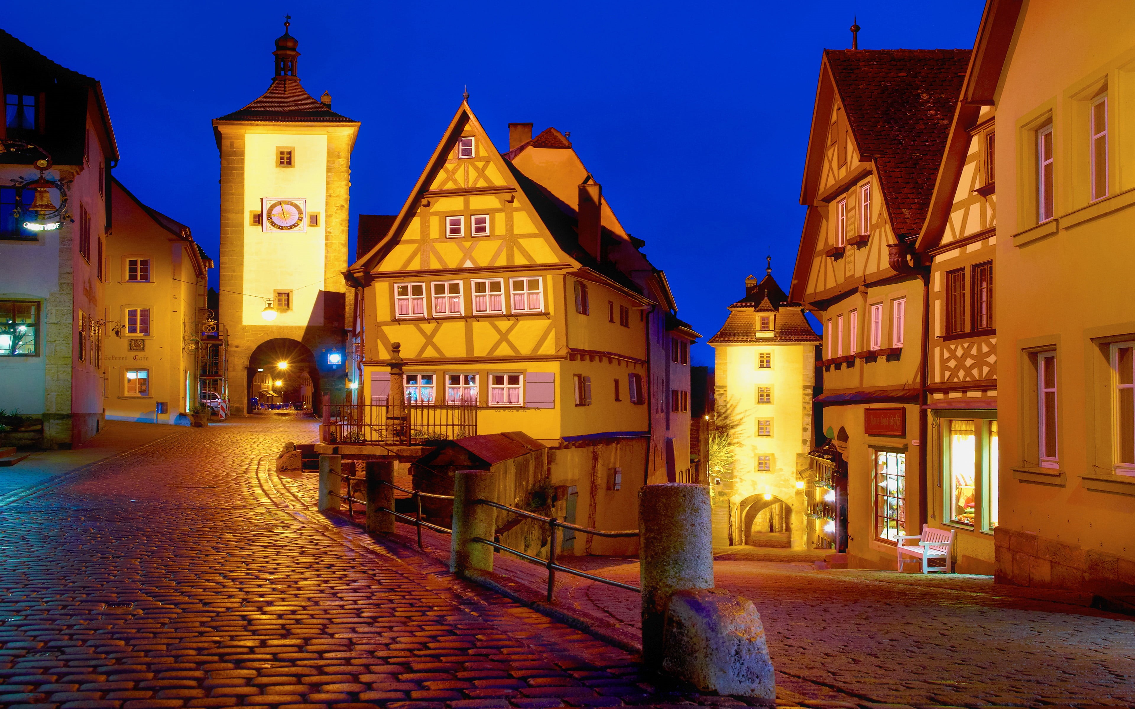 town, built structure, illuminated, religion, 4K, travel destinations, tower, night, rothenburg, outdoors, place of worship, sky, nature, building, building exterior, HD Wallpaper
