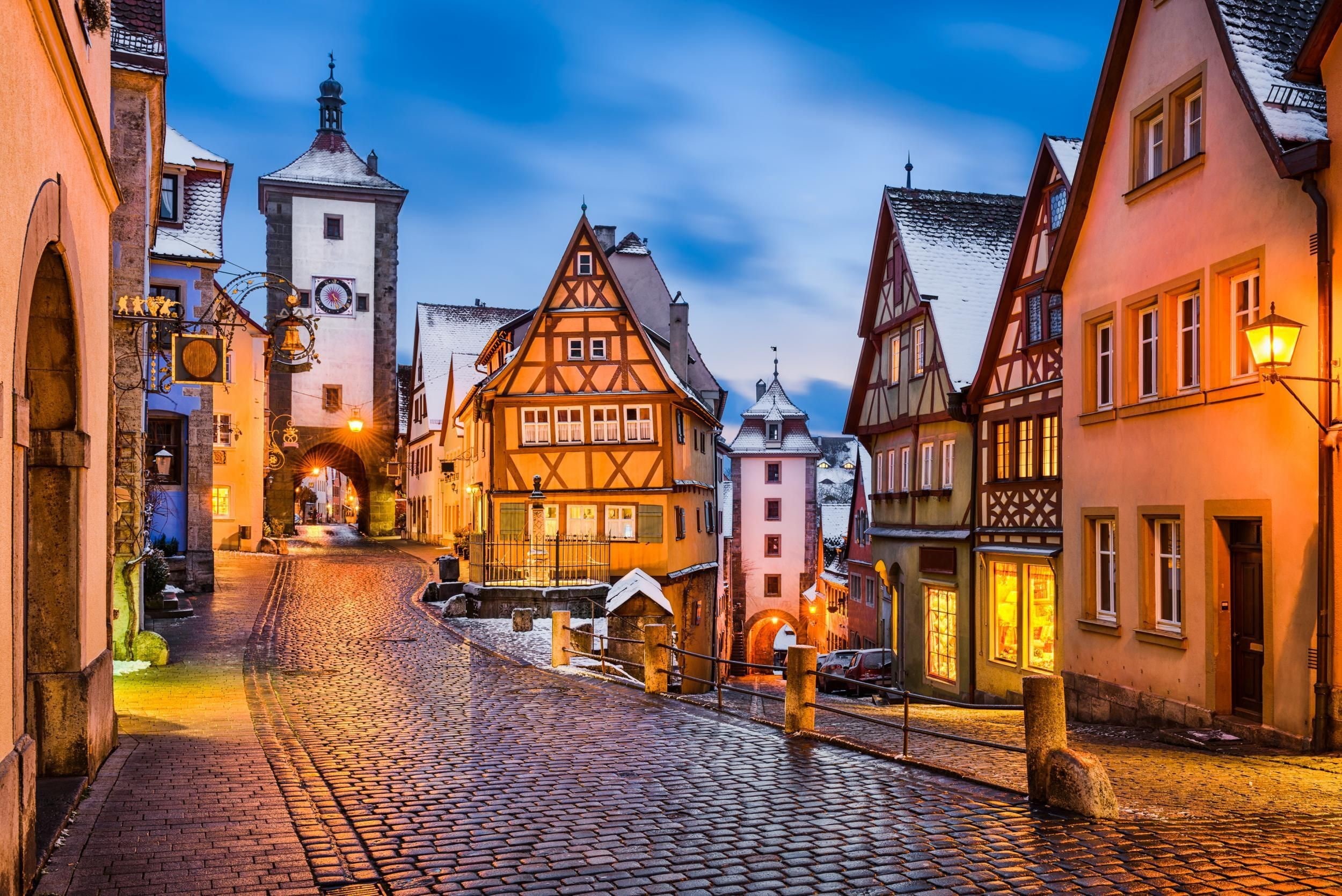 winter, snow, 1080P, Germany, Rothenburg, lights, Medieval town, the evening, HD Wallpaper