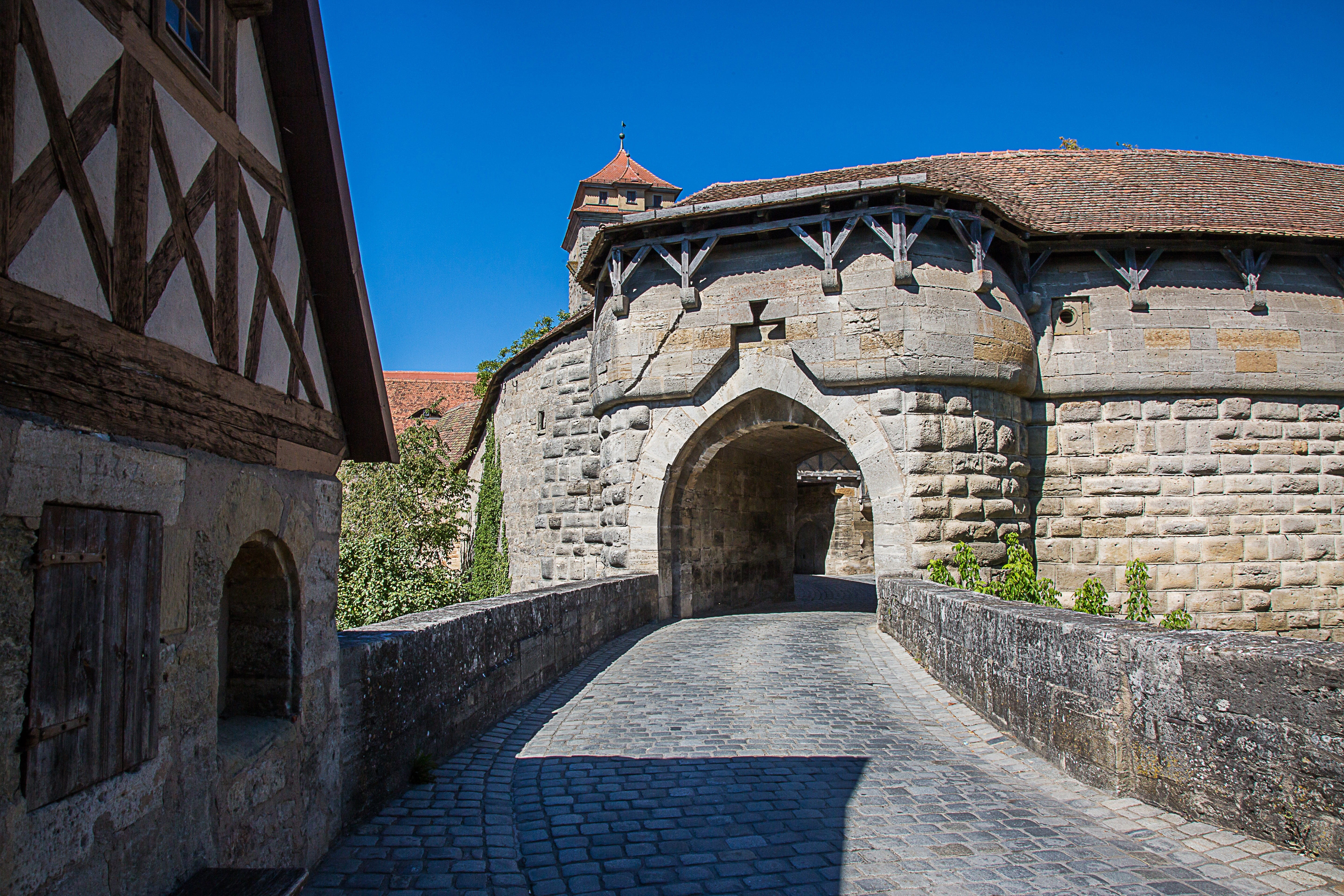 clear sky, built structure, wall, place of worship, blue, building, hospital bastei, religion, nature, day, fortress, belief, castle, outdoors, rothenburg of the deaf, HD Wallpaper
