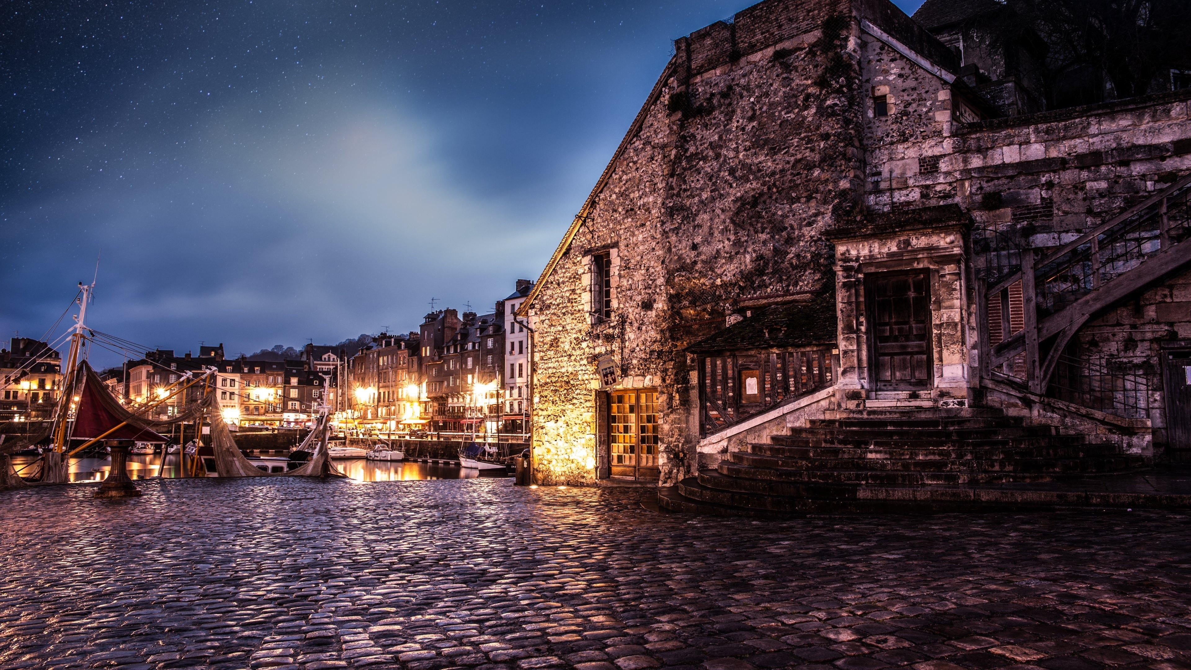 evening, night, normandy, landmark, built structure, canal, city, dusk, old, history, starry sky, the past, stars, street, night sky, town, water, calvados, HD Wallpaper