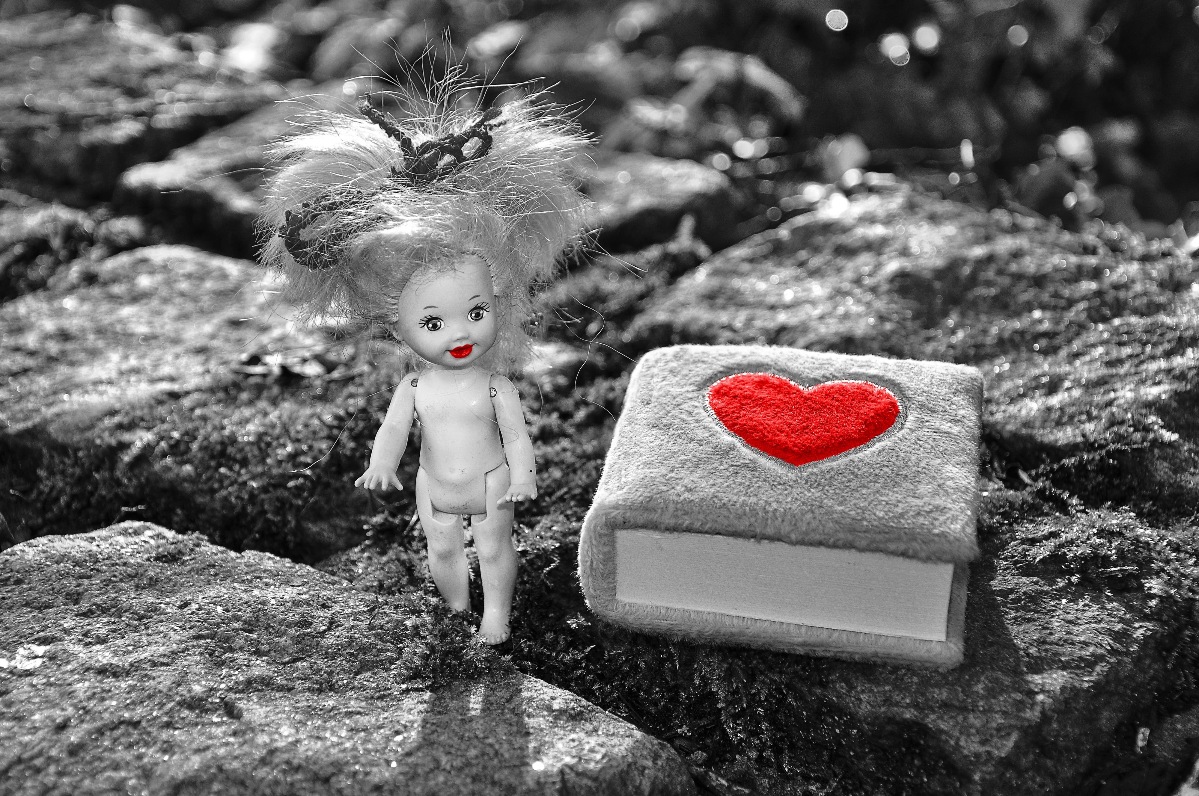 tiny, red, human representation, 4K, love, fluffy diary, innocence, standing, hair, selective color, portrait, child, doll, looking at camera, women, creativity, HD Wallpaper