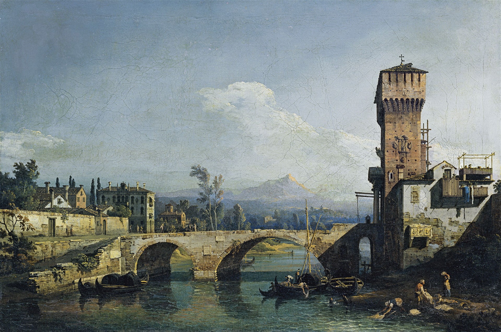 Bridge and Medieval town Gate, the city, picture, landscape, Giovanni Antonio Canaletto, Venetian Capriccio: River, 1080P, tower, HD Wallpaper