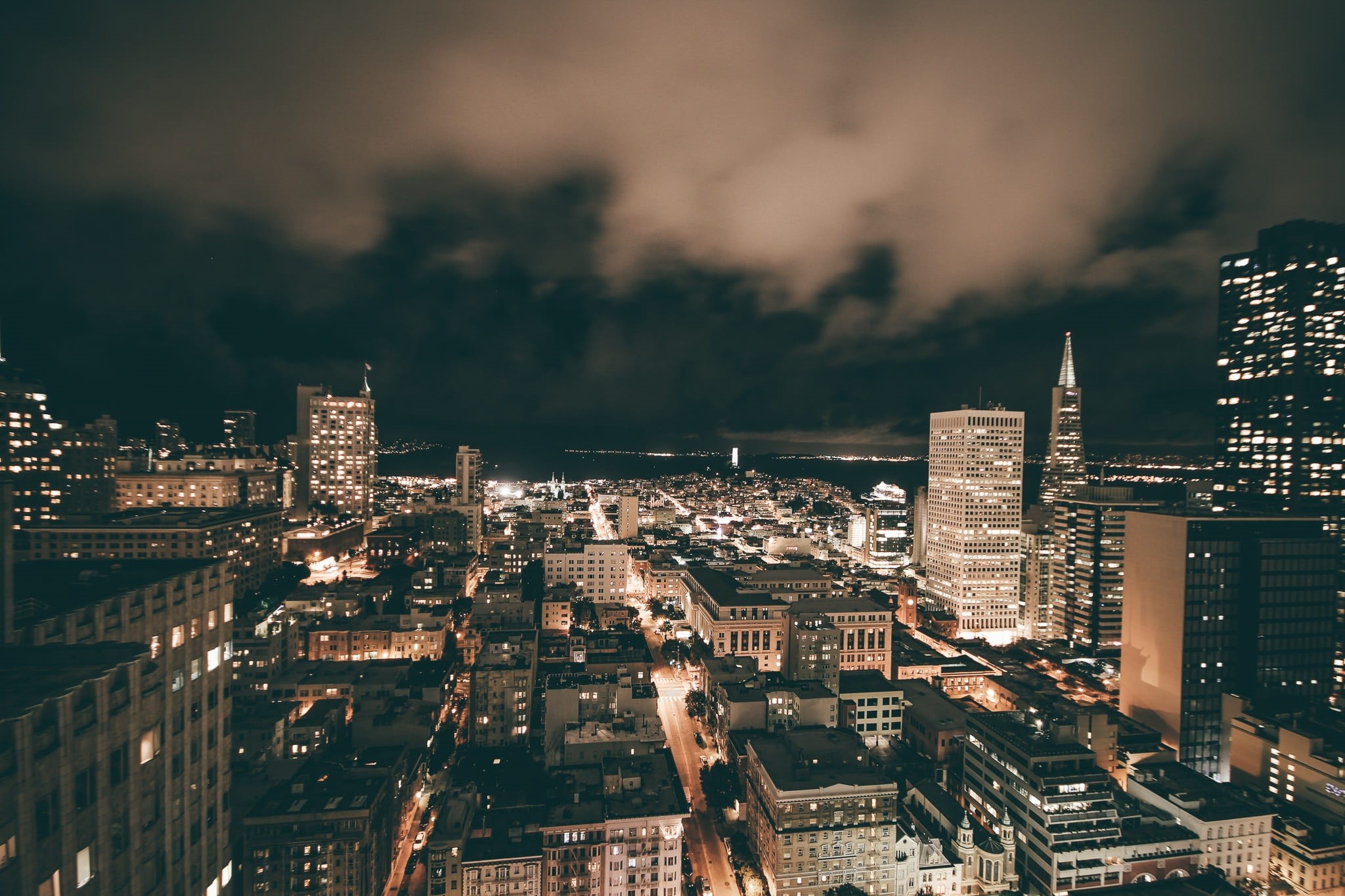 crowded, travel, dusk, night, aerial, golden, building, san francisco, landscape, urban, lights, nature, photo, usa, office building exterior, sea, buildings, HD Wallpaper