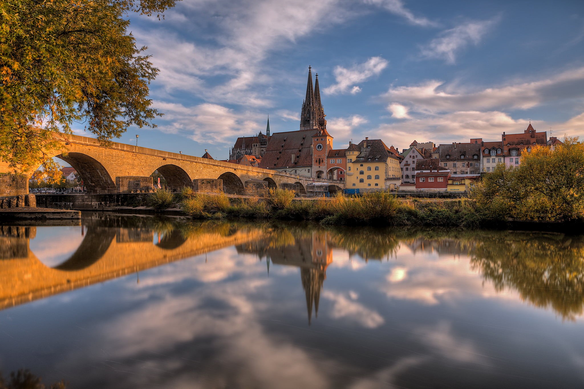 trees, no people, travel destinations, river, urban Scene, cityscape, famous Place, house, arch bridge, Germany, town, medieval, Cathedral, bridge - Man Made Structure, HD Wallpaper