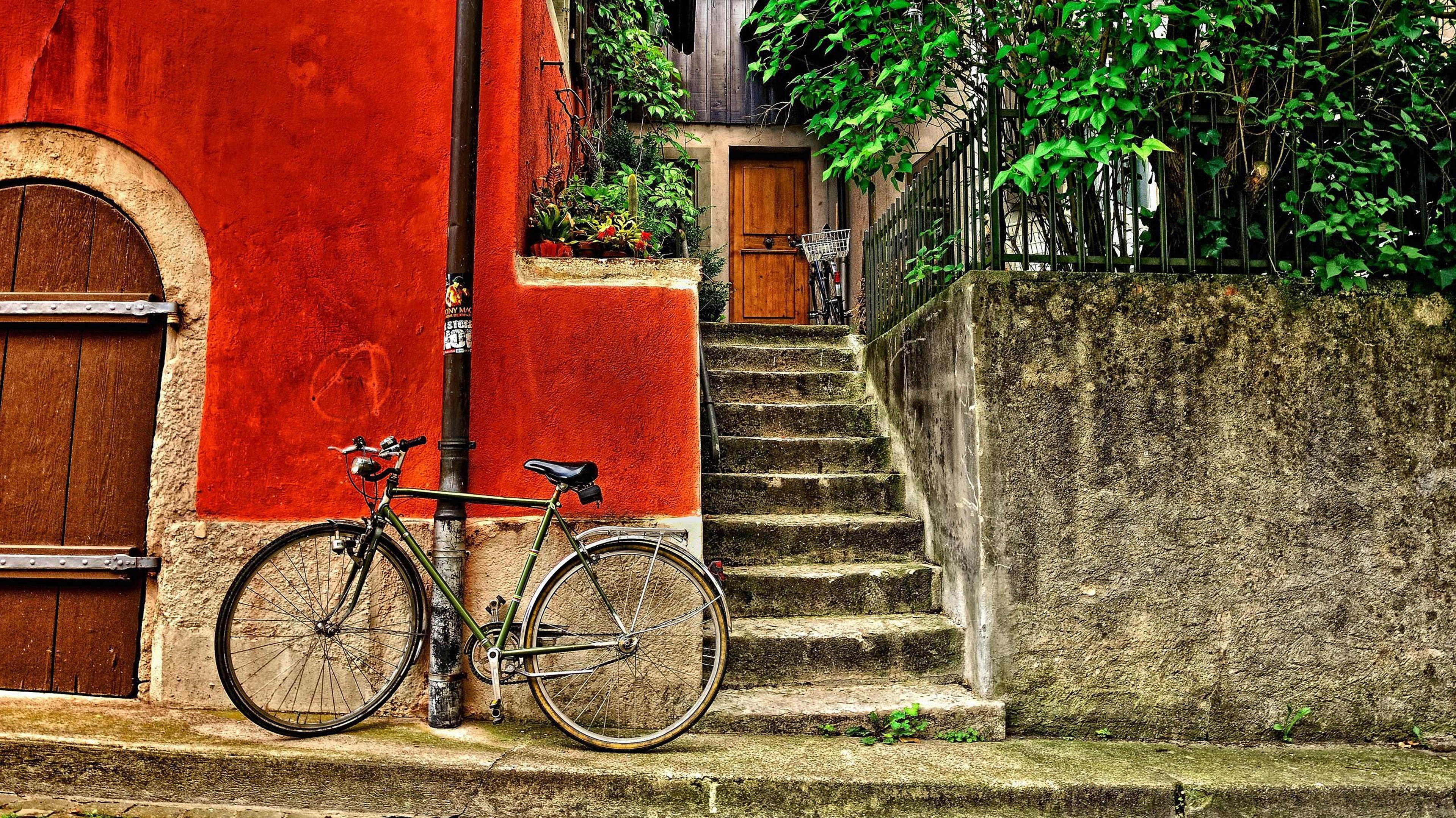 4K, wall, town, bike, bicycle, house, street, HD Wallpaper
