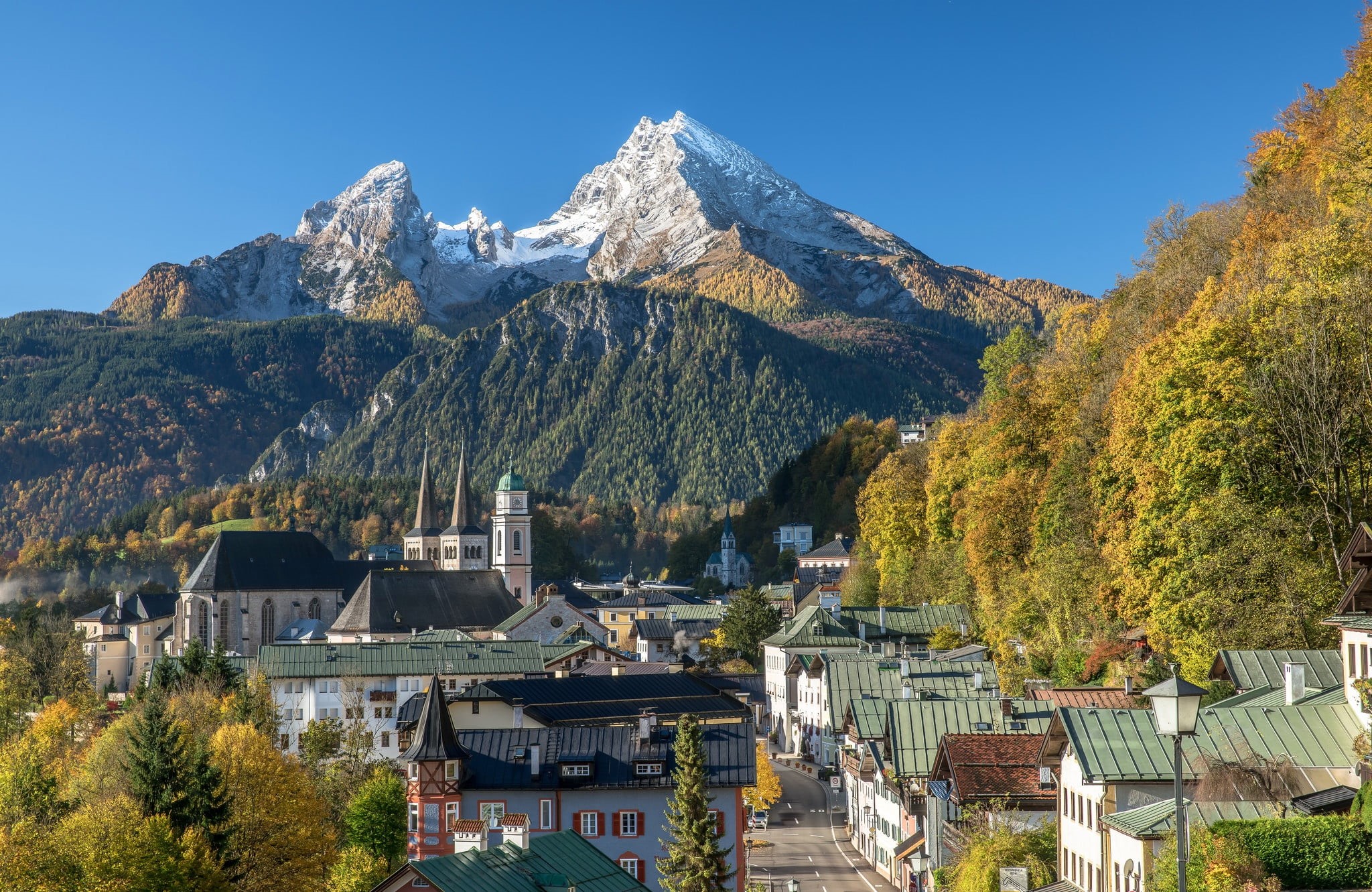 landscape, Bayern, street, Berchtesgaden, Church, mountains, 1080P, home, autumn, Germany, HD Wallpaper