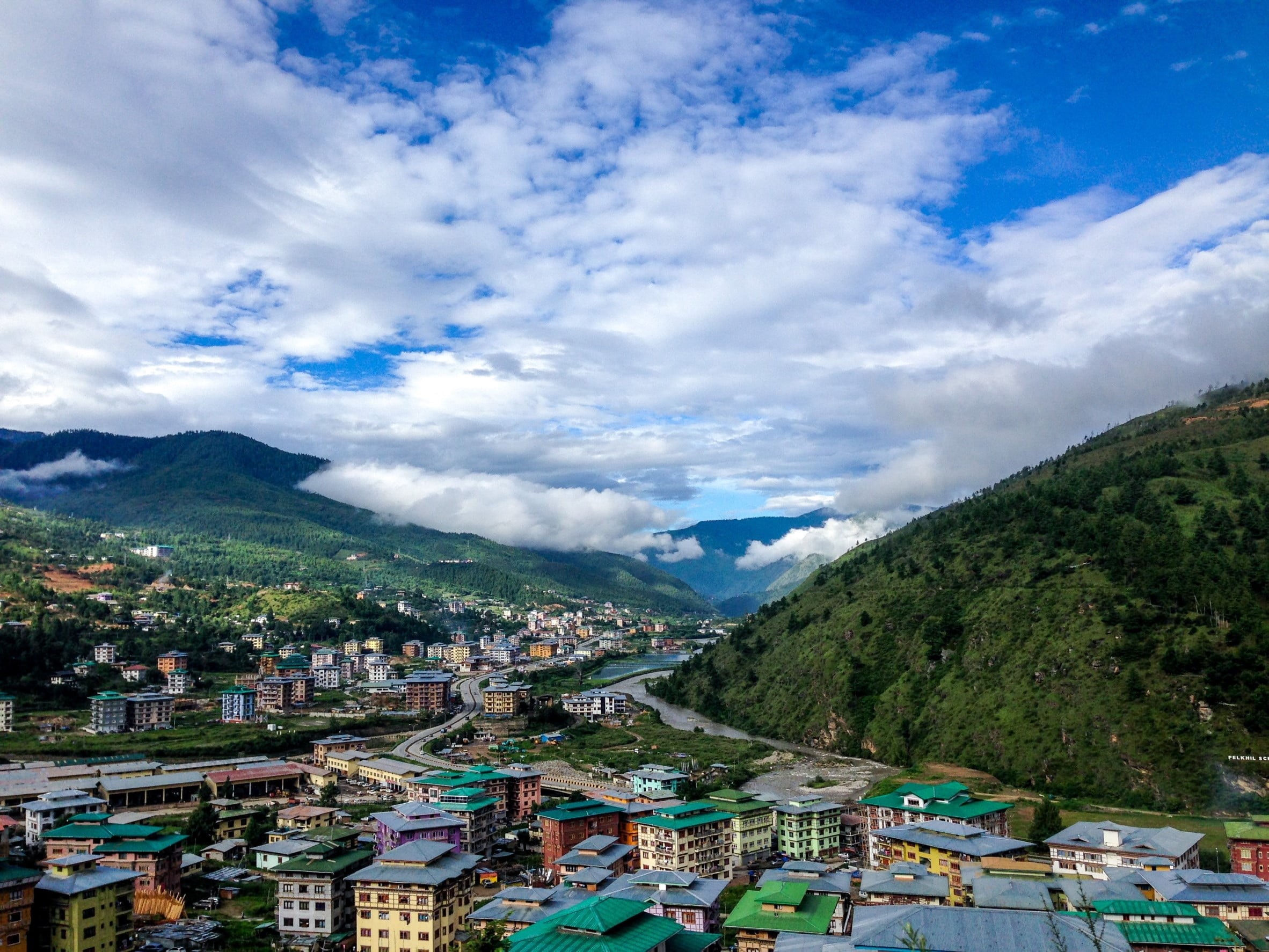 no people, daytime, the village, mountains, beauty in nature, bhutan, nature, architecture, day, scenics, near, view, plant, 1080P, built structure, green city, HD Wallpaper