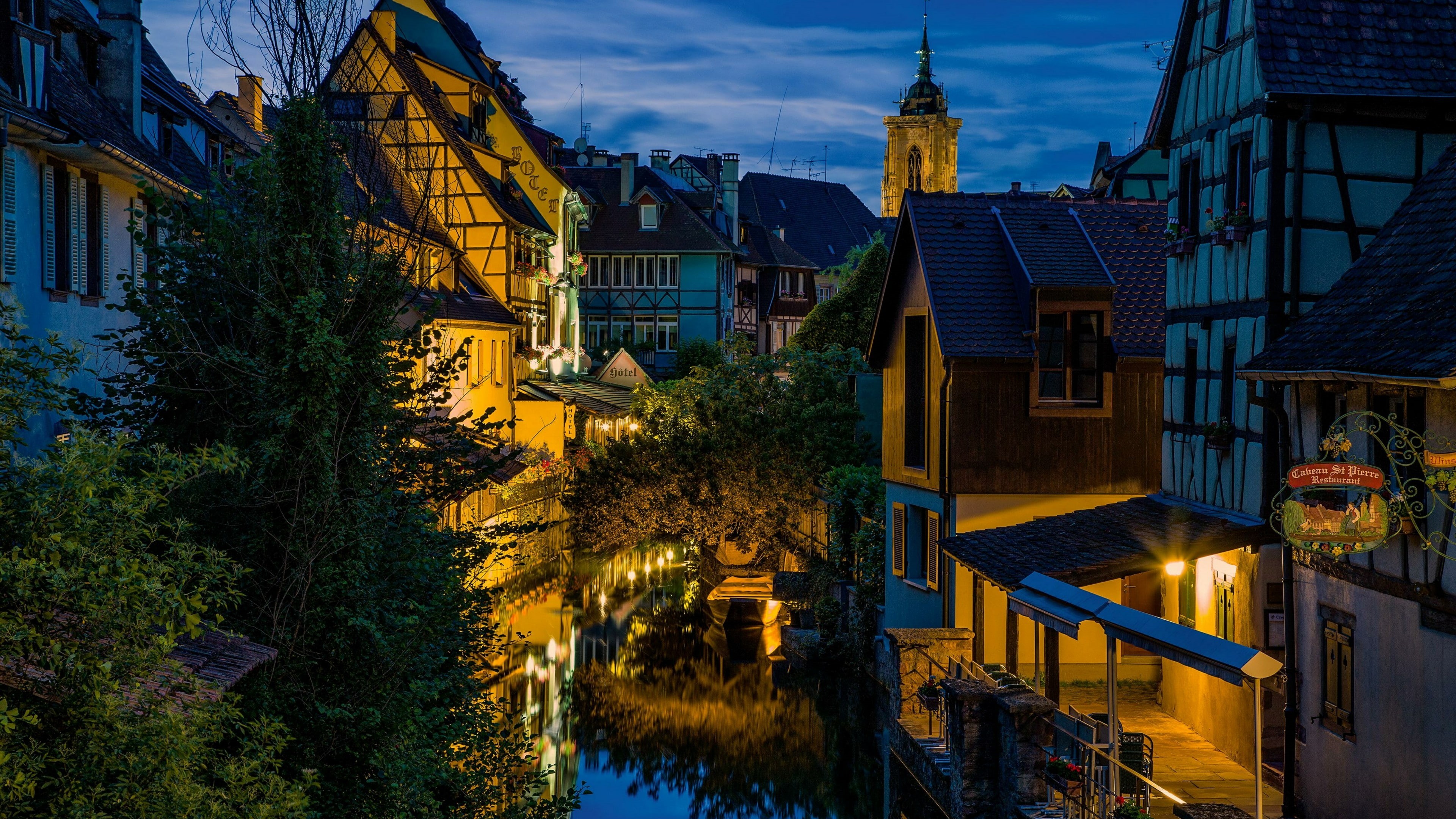 sky, little venice, tree, timbered houses, evening, france, reflection, 4K, colmar, landmark, night, facade, house, building, tourist attraction, medieval architecture, HD Wallpaper