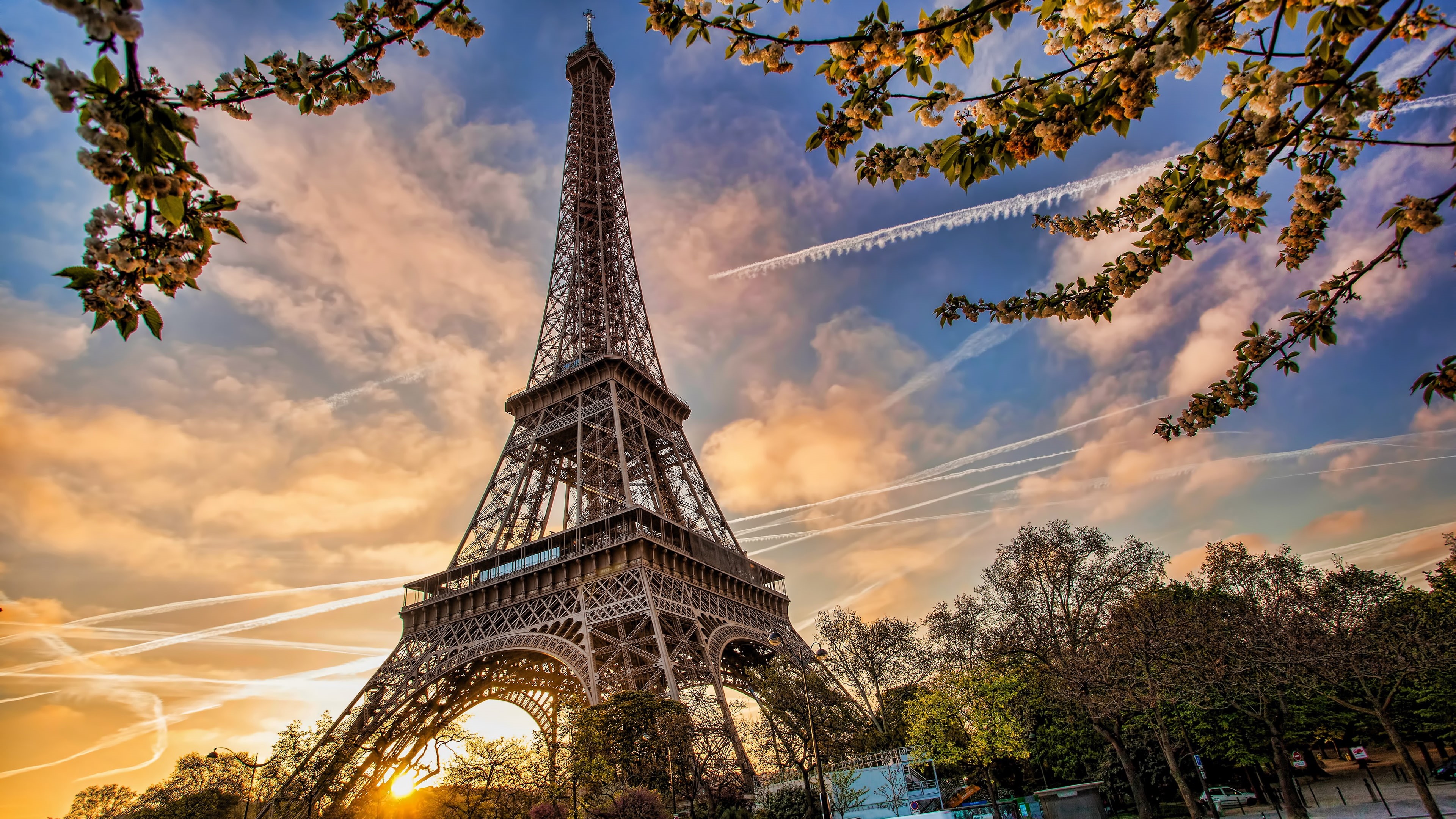 plant, branch, city, dusk, sunlight, contrail, 4K, sky, contrails, france, paris, evening, landmark, cloud, eiffel tower, europe, tree, tower, HD Wallpaper