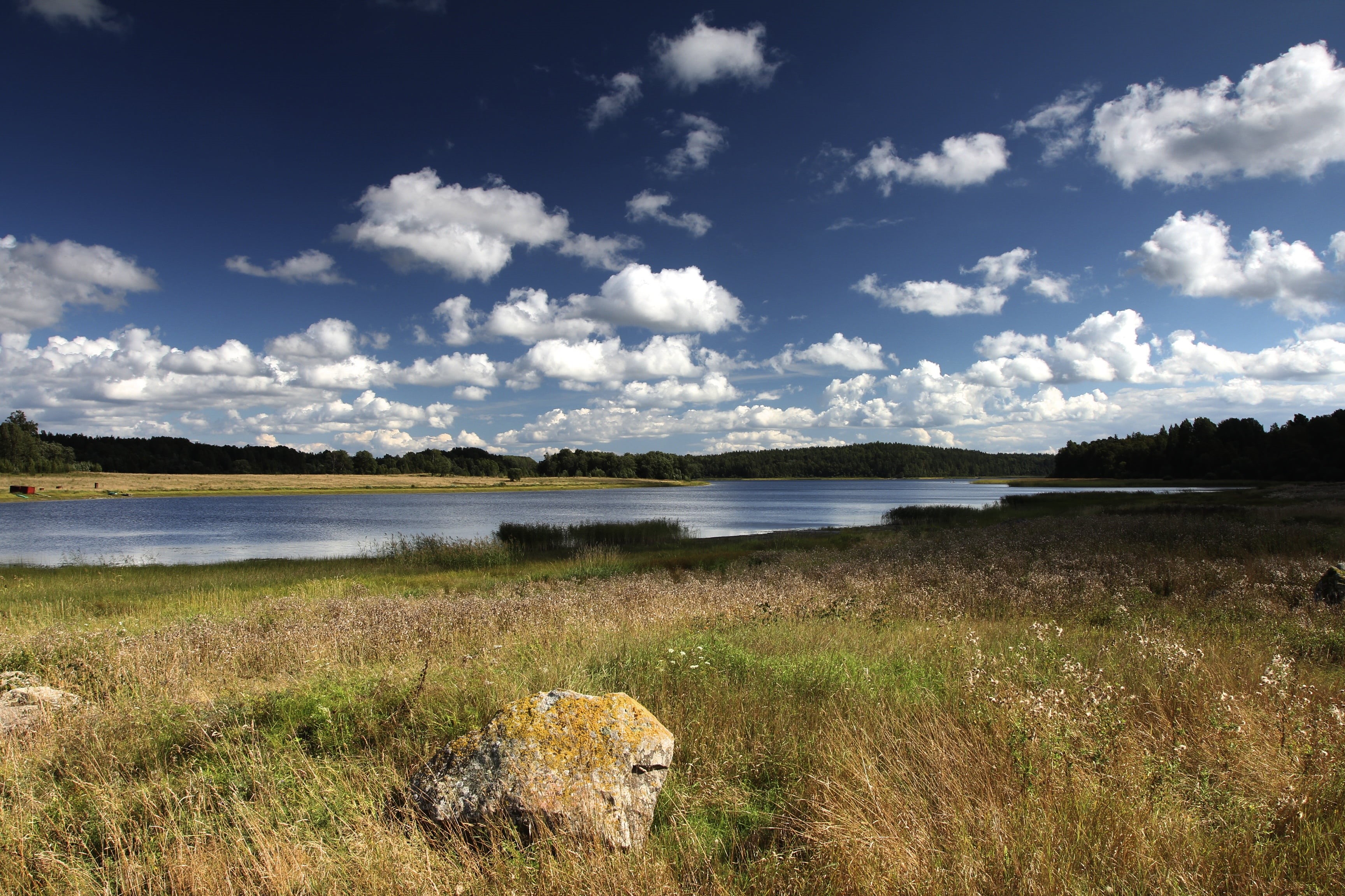 green, water, summer, 60d, lake, reflections, daytime, sky, grass, canon, outdoors, 2K, river, near, clouds, blue sky, Vuoksa River, light, russia, finland, HD Wallpaper
