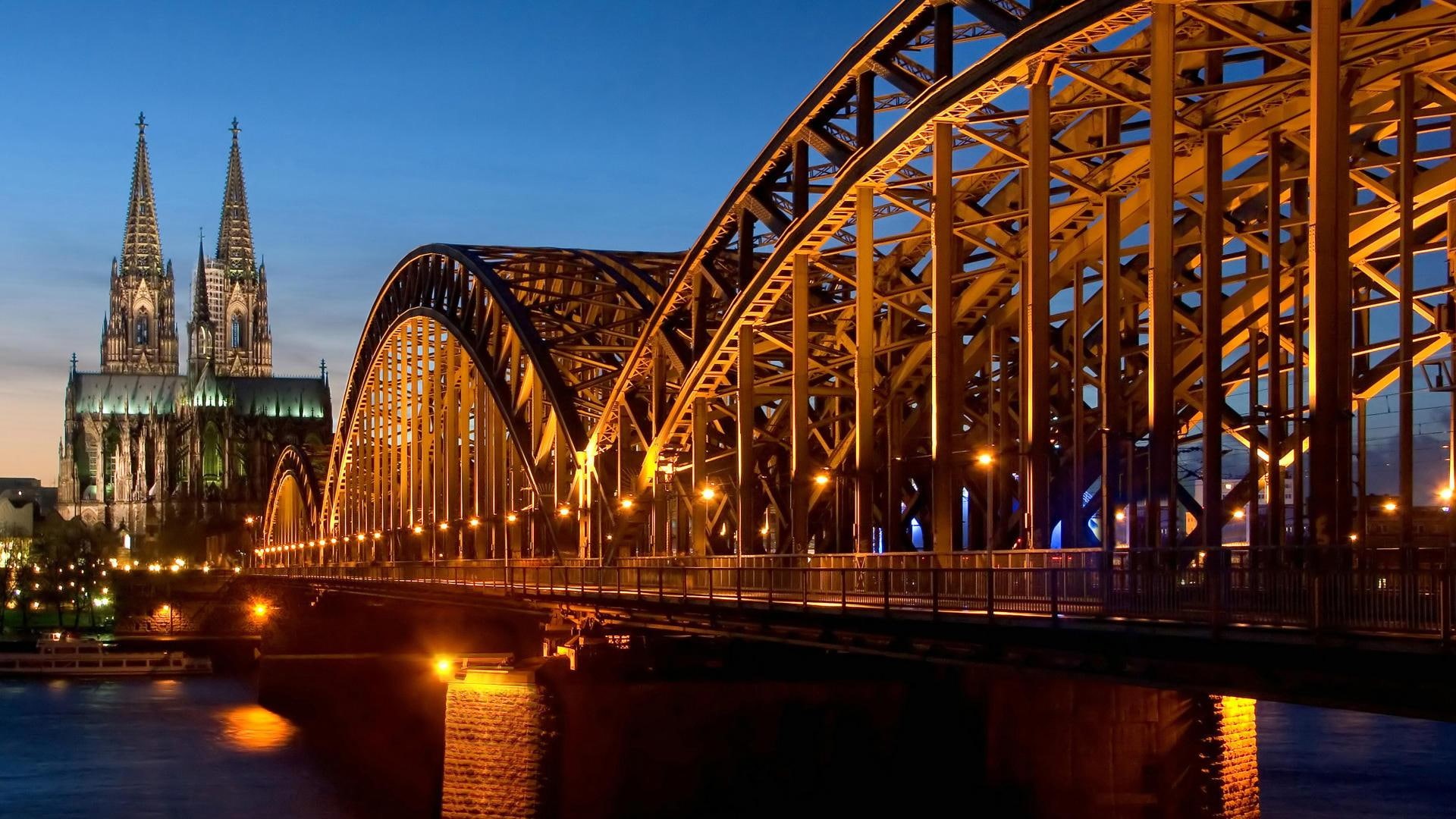 cathedral, hohenzollern, bridges, monuments, cologne, bridge, 1080P, cologne cathedral, hohenzollern bridge, architecture, beautiful, germany, lights, HD Wallpaper
