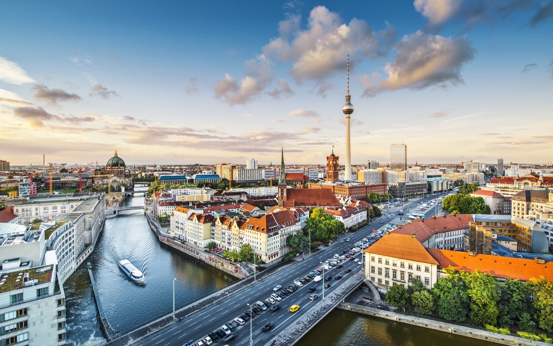 office building exterior, building, bridge, tall - high, travel, skyscraper, architecture, 1080P, building exterior, Berlin, outdoors, river, cityscape, HD Wallpaper