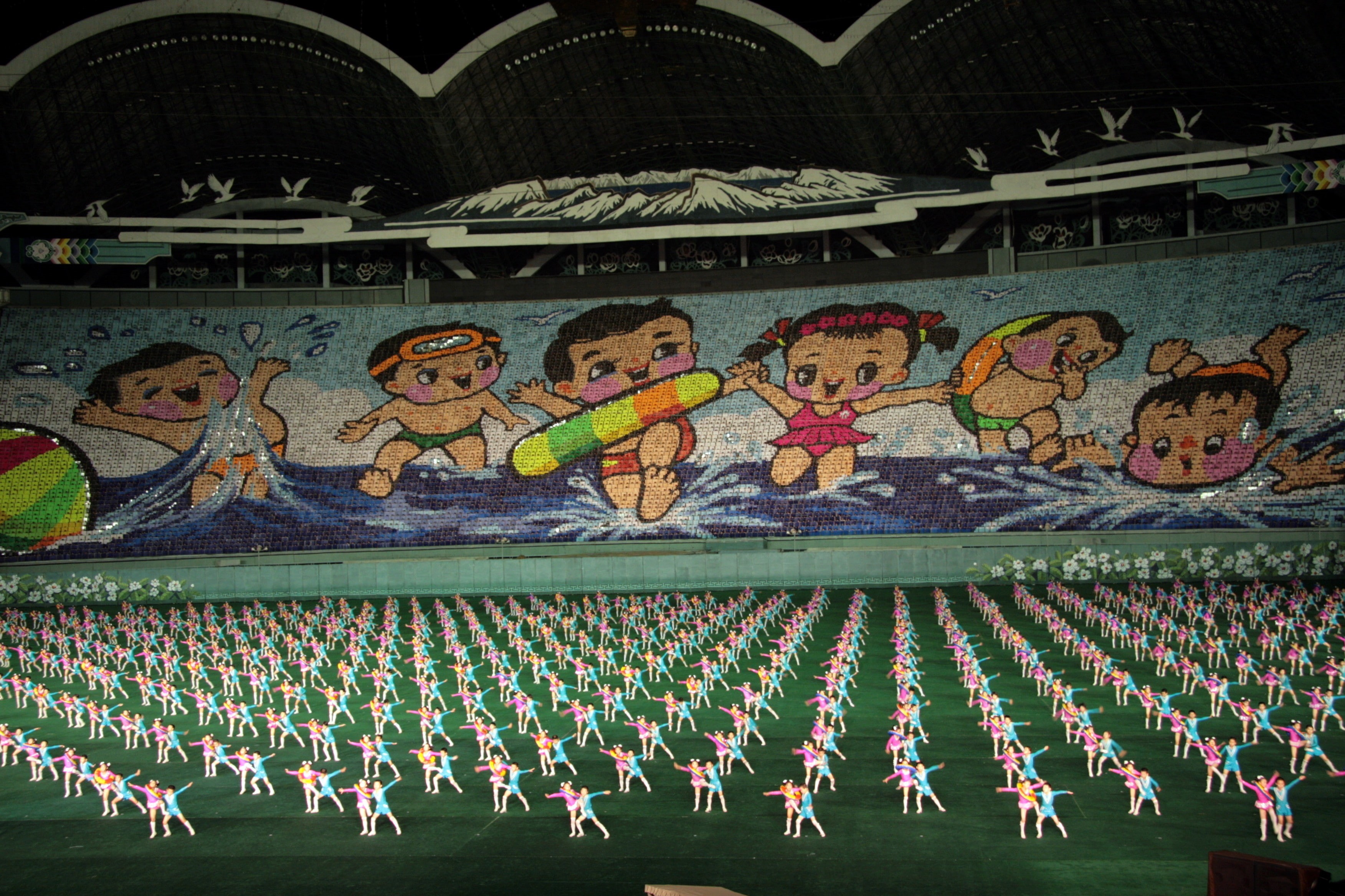 exercising, people, stadium, crowds, propaganda, 2K, North Korea, gymnastics, Pyongyang, HD Wallpaper