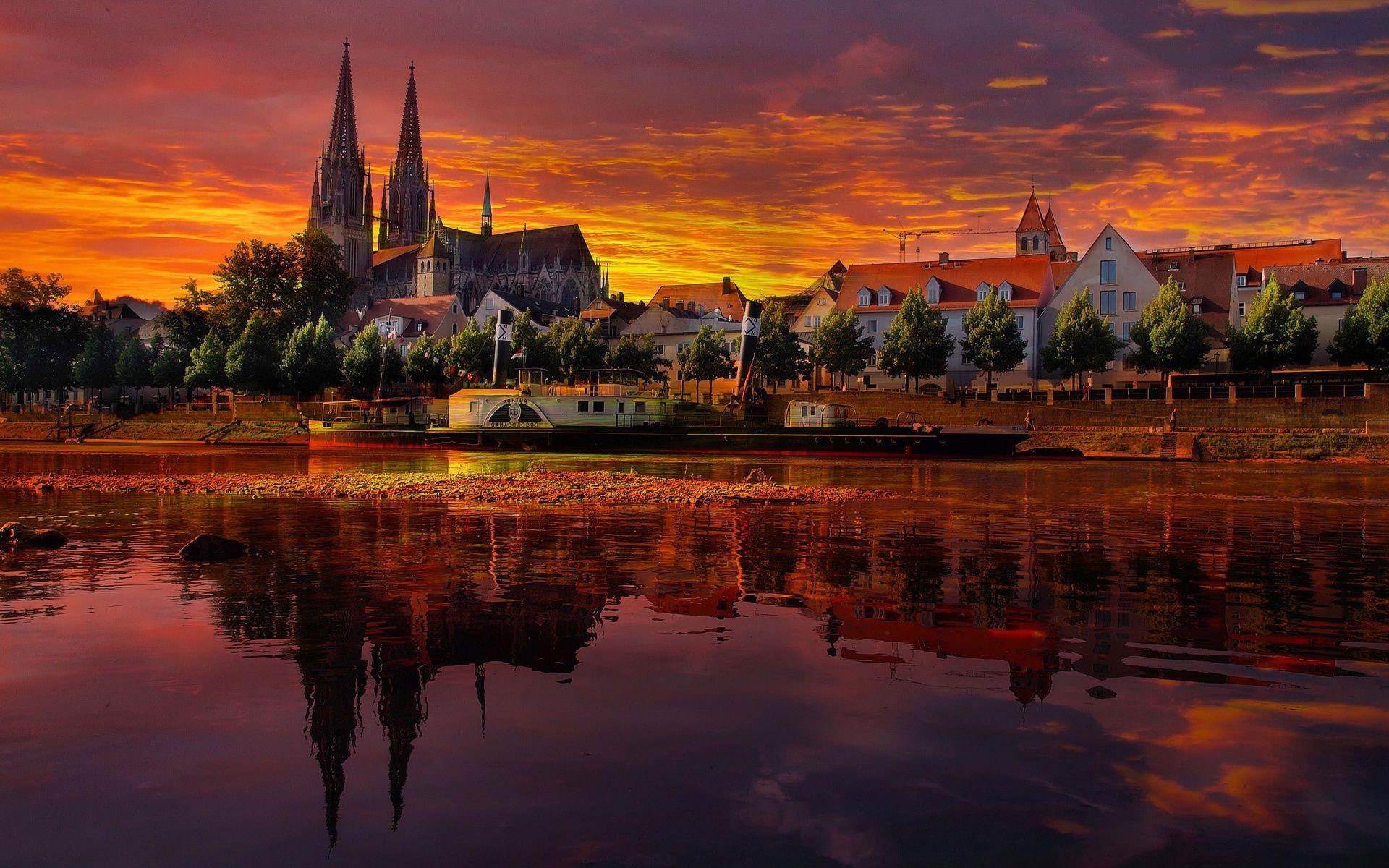 europe, 1920x1200, body, water, regensburg, painting, germany, world, 1080P, sunset, HD Wallpaper