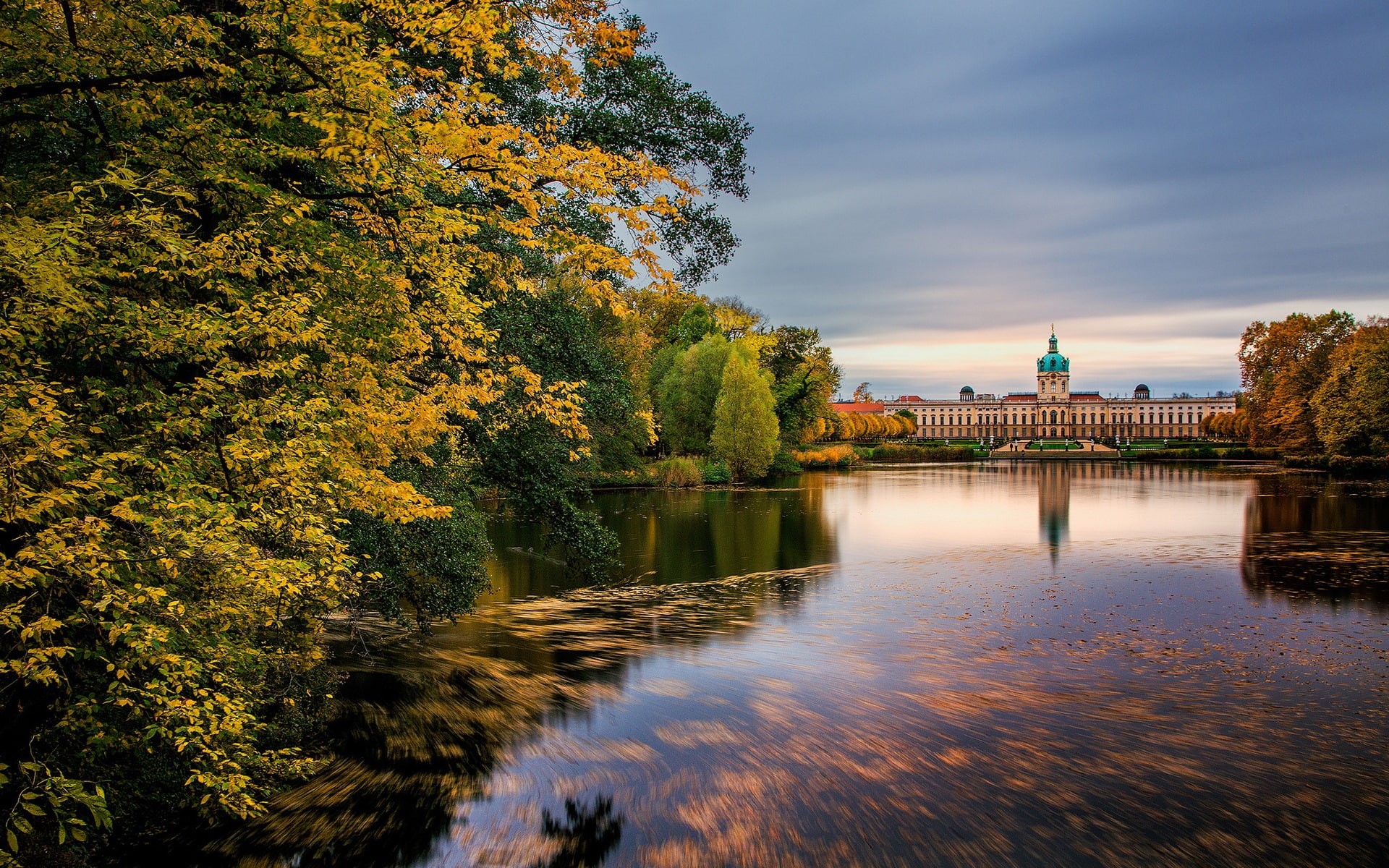 Schloss, Charlottenburg, Lake, Germany, Berlin, 1080P, Trees, Autumn, HD Wallpaper