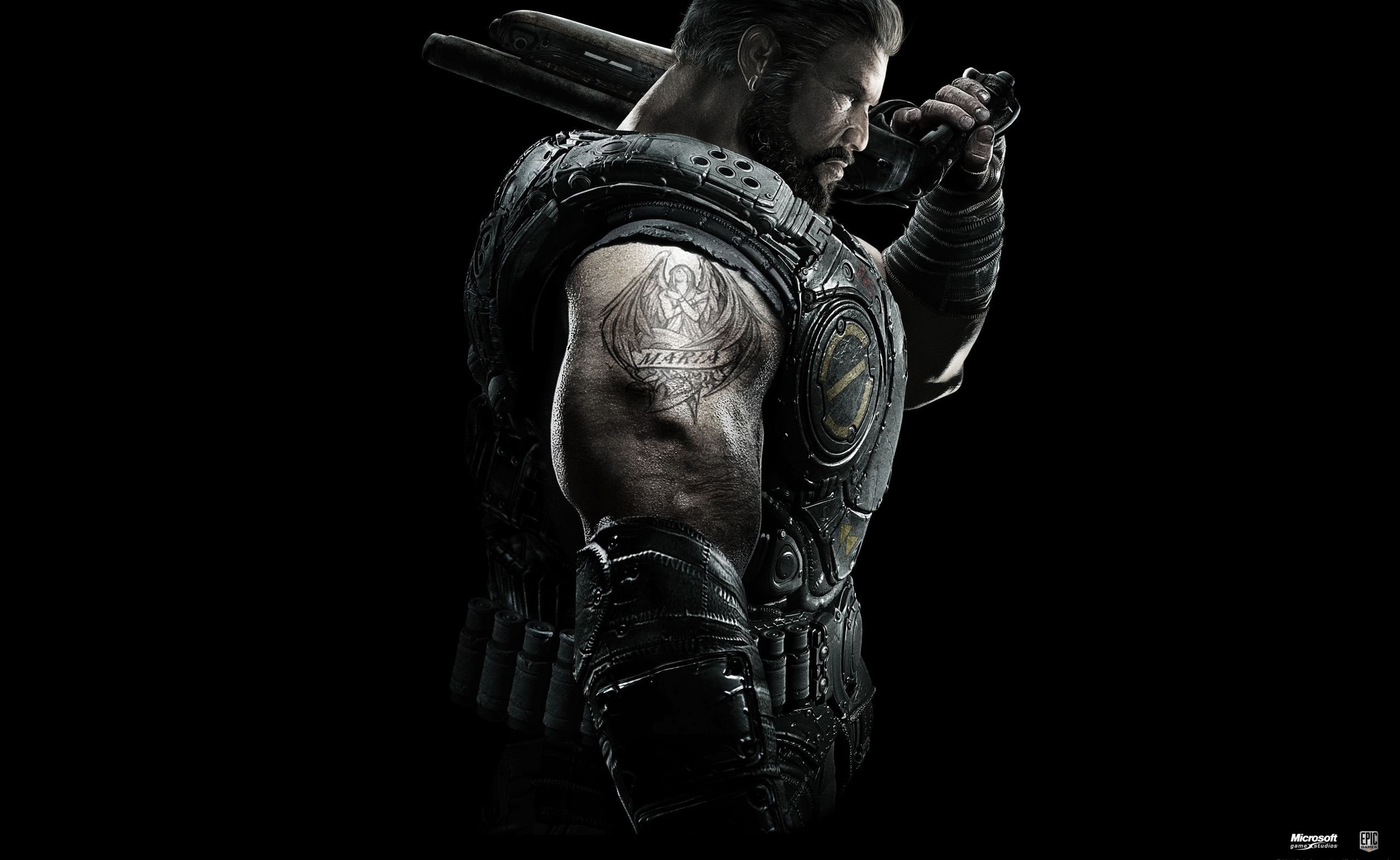 indoors, 2K, real people, man, gears 3, studio shot, black background, gun, gears of war 2011, one person, holding, standing, digital, adult, HD Wallpaper