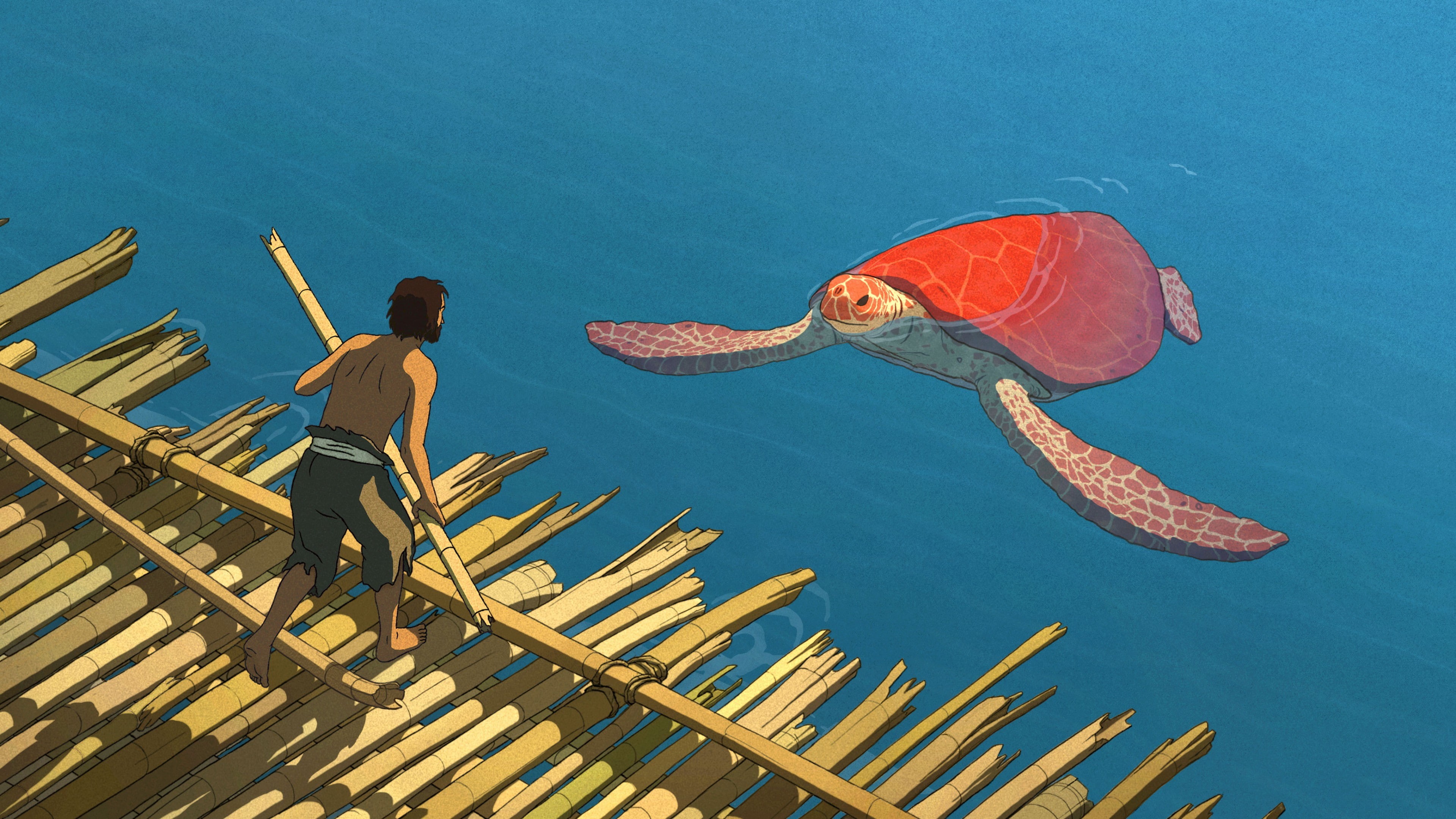 front, red, digital, cartoon, man, holding, 4K, La tortue rouge, best animation movies, turtle, bamboo, The Red Turtle, stick, HD Wallpaper