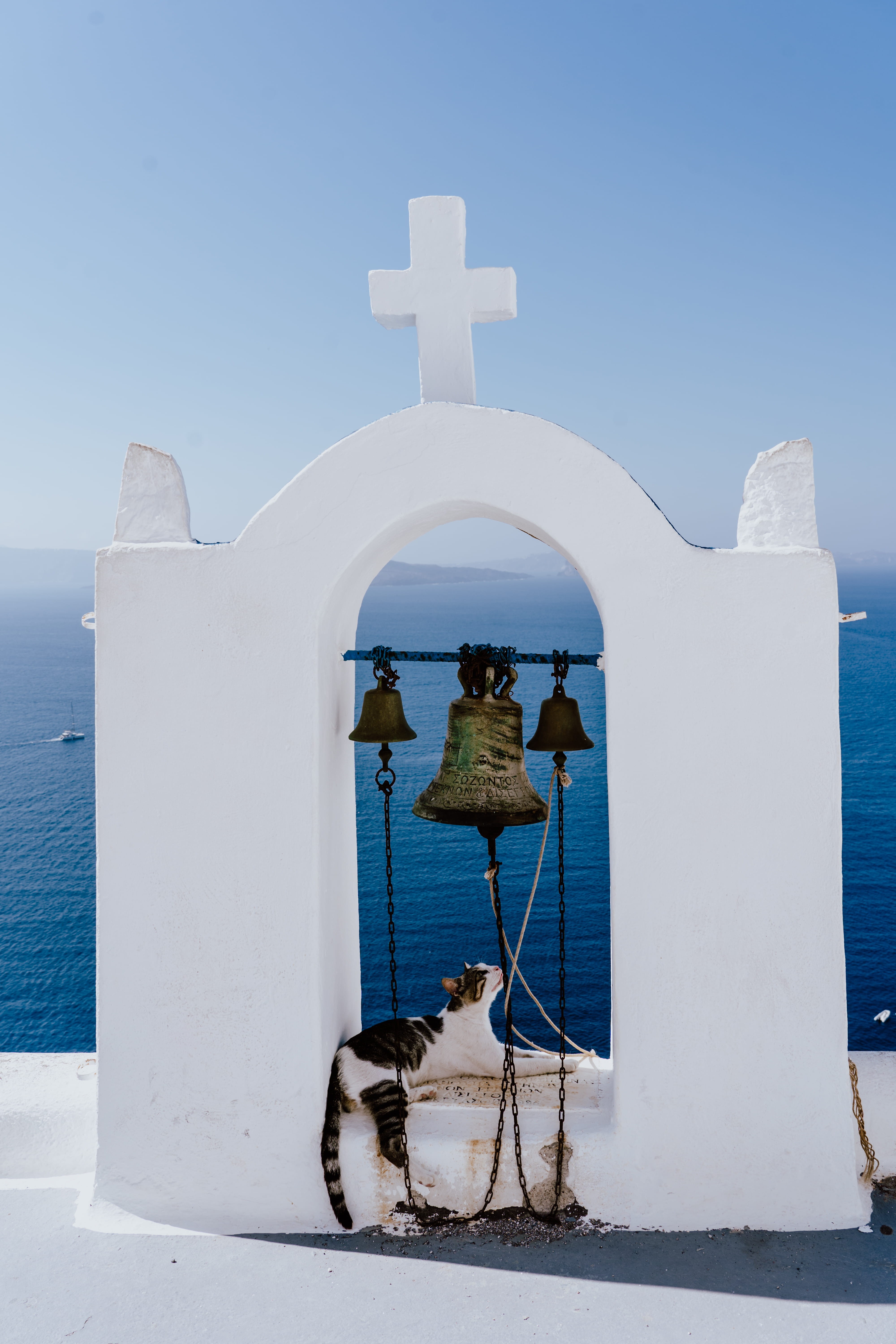 bell, summer, white, mykonos, religou, architecture, 5K, sea, church, cross Shape, coated, coastline, landscape, cat, tourism, famous Place, cyclades Islands, Phone HD Wallpaper