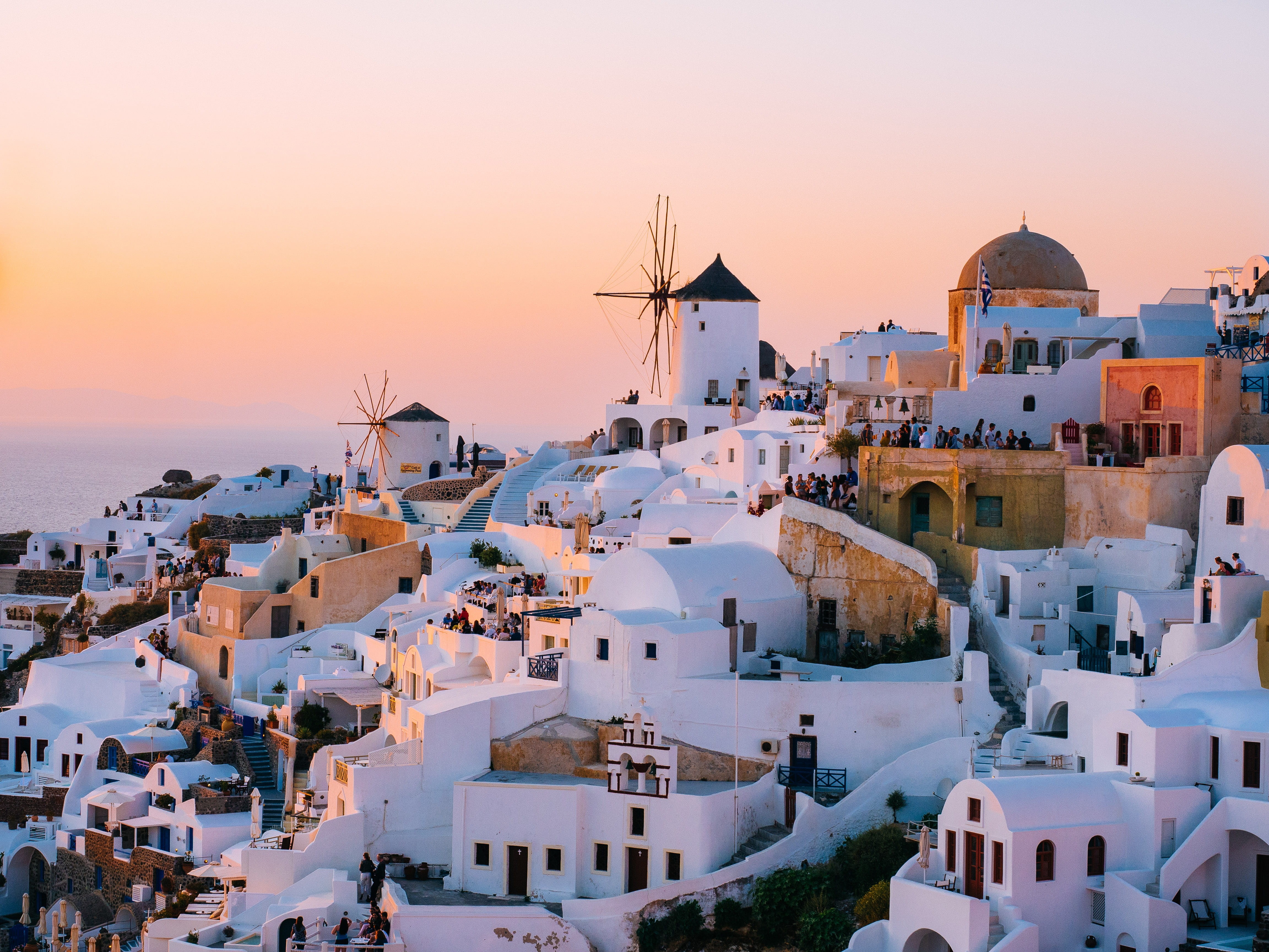 seaside, outdoors, community, water, choice, europe, place of worship, house, coastal town, white, dusk, pastel, evening, crowded, greece, pink, nature, HD Wallpaper