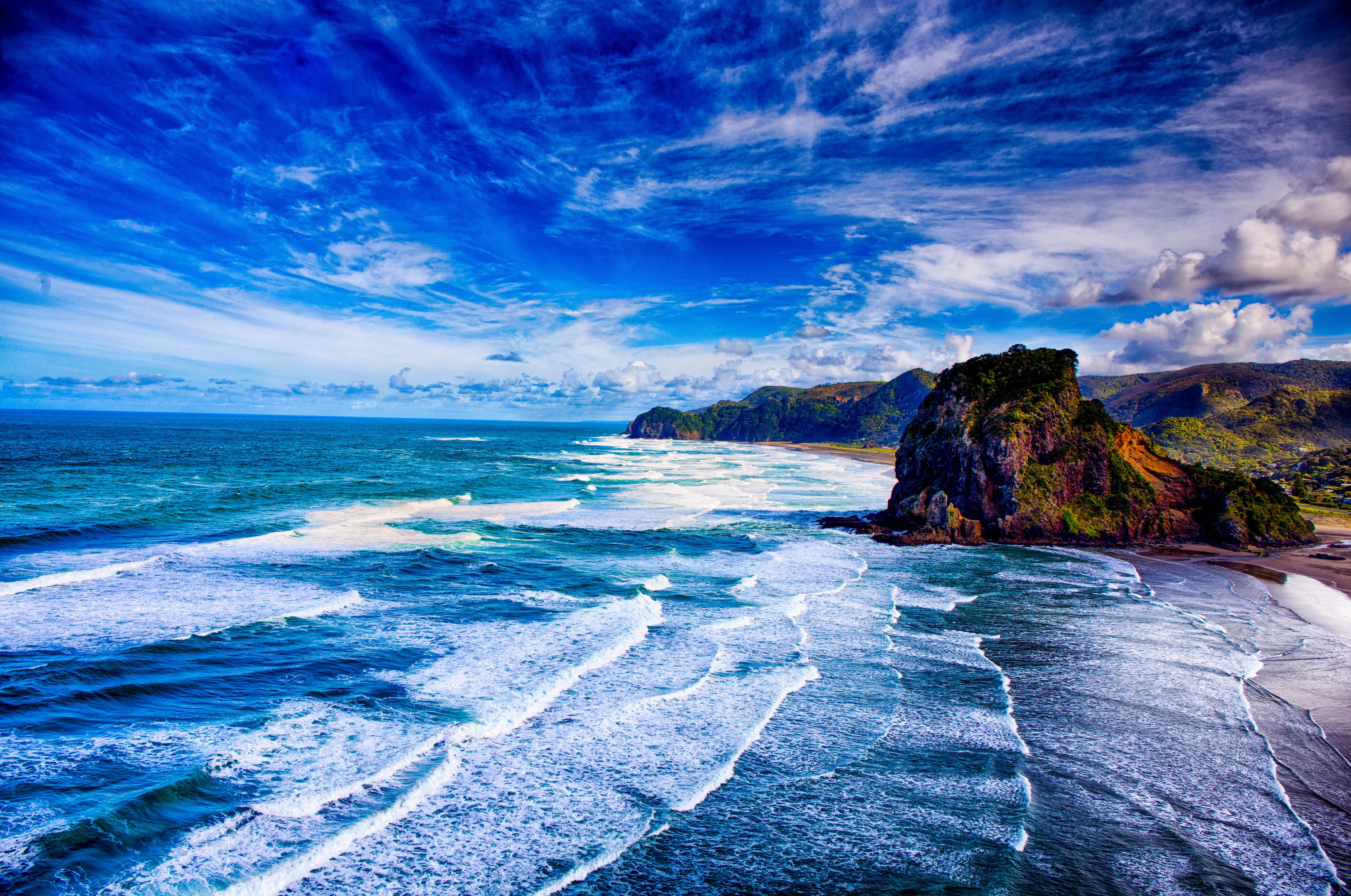bluesky, surf, piha, bay, rock - object, 1 marine parade s, scenery, coast, no people, sea, water, scenics - nature, solid, land, shoreline, beach, sea waves, HD Wallpaper