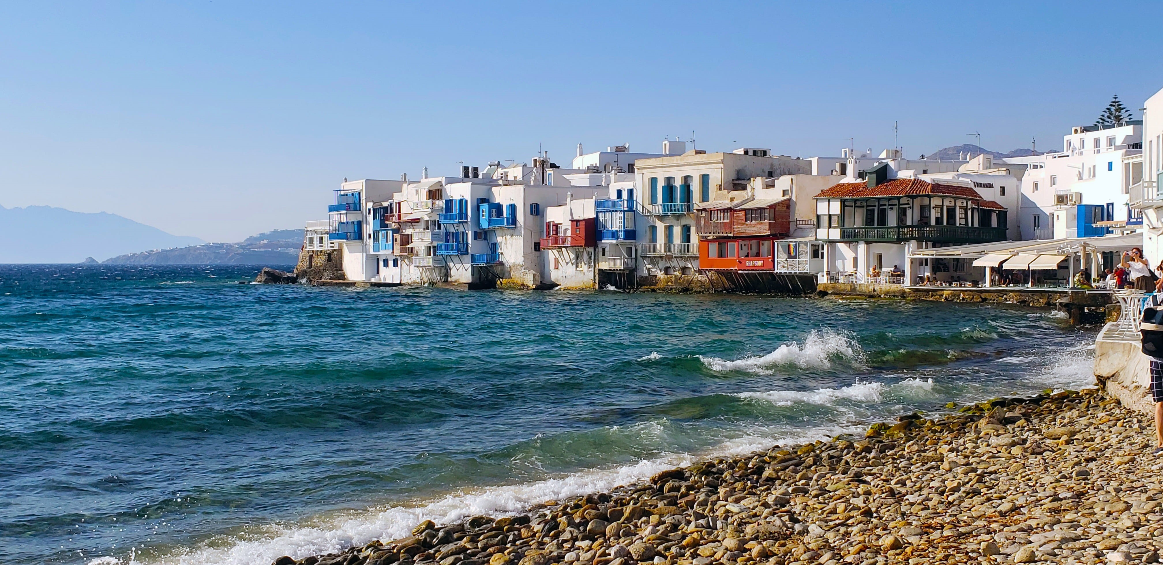 architecture, nature, water, no people, building, wave, aegean, 4K, travel, clear sky, beach, island, motion, mykonos, tourism, built structure, beauty in nature, HD Wallpaper