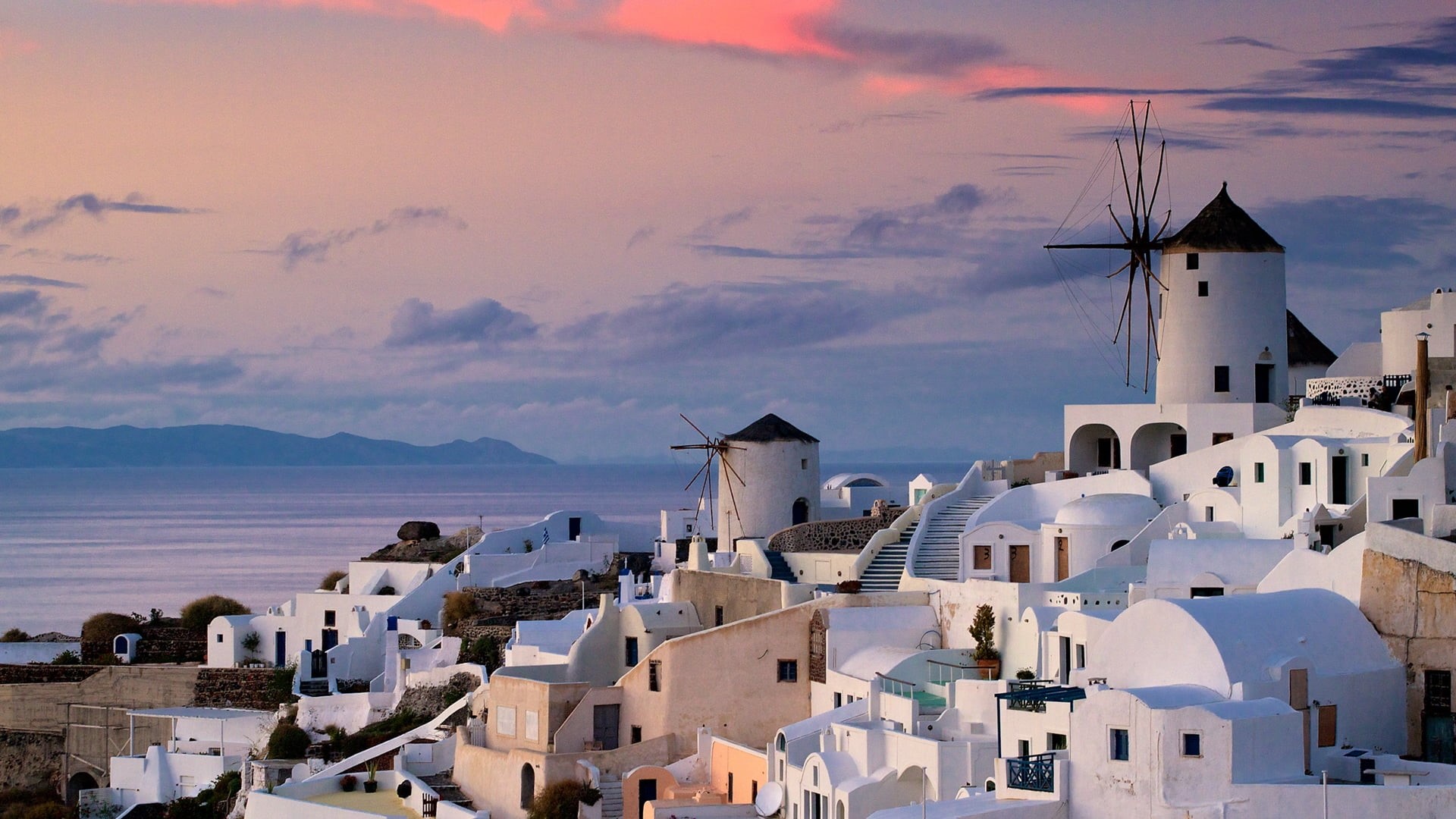 santorini, famous Place, oia, mediterranean Sea, environmental conservation, no People, greek Islands, ocean, wind turbine, summer, 1080P, caldera, water, HD Wallpaper