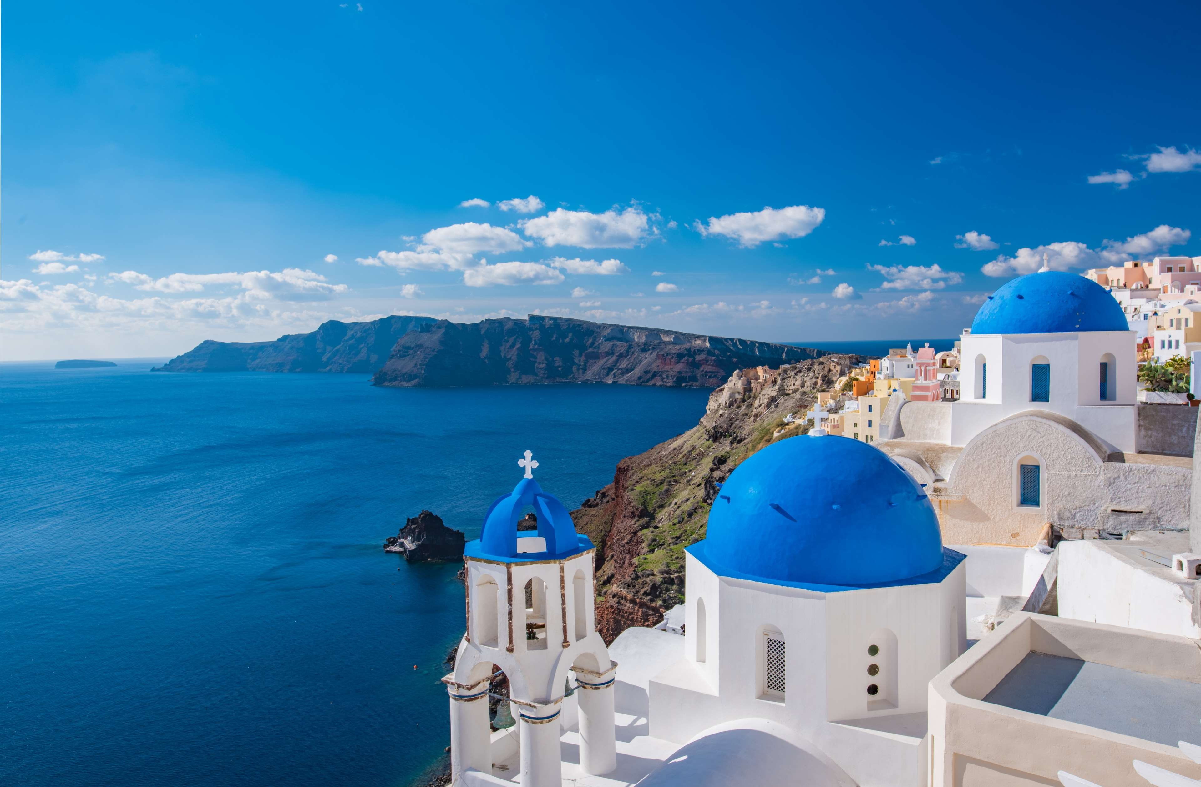 architecture, outdoors, travel destinations, water, mediterranean, mountain, santorini, greek, sea, building, famous, built structure, landscape, d, village, HD Wallpaper