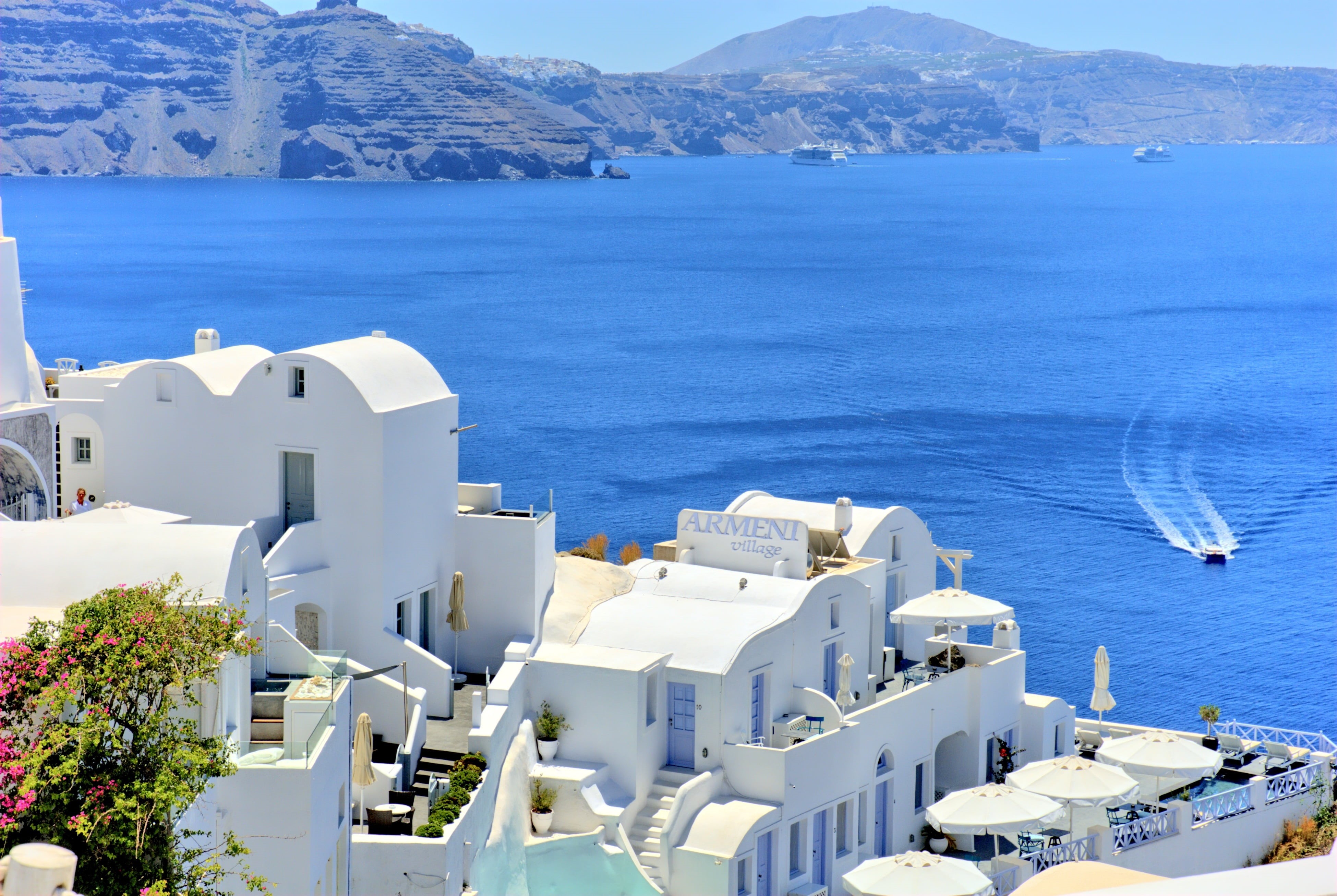 outdoors, summer, photography, mediterranean Sea, firรก, church, greece, eye, cruise ship, classical Greek, travel, mountain, town, mediterranean Culture, HD Wallpaper