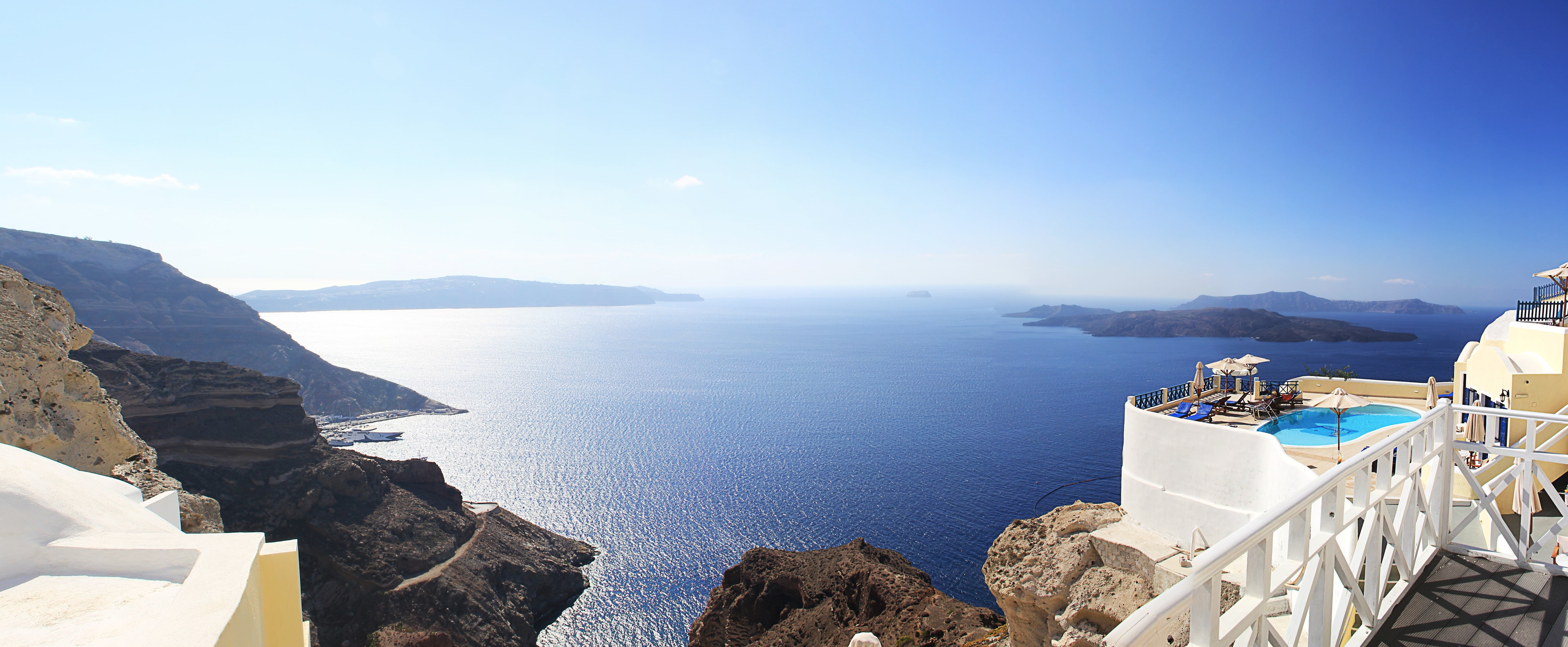 oia, environment, island, outdoors, travel, tranquility, ocean, crater rim, travel destinations, landscape, caldera, santorini, summer, 5K, mediterranean Sea, HD Wallpaper
