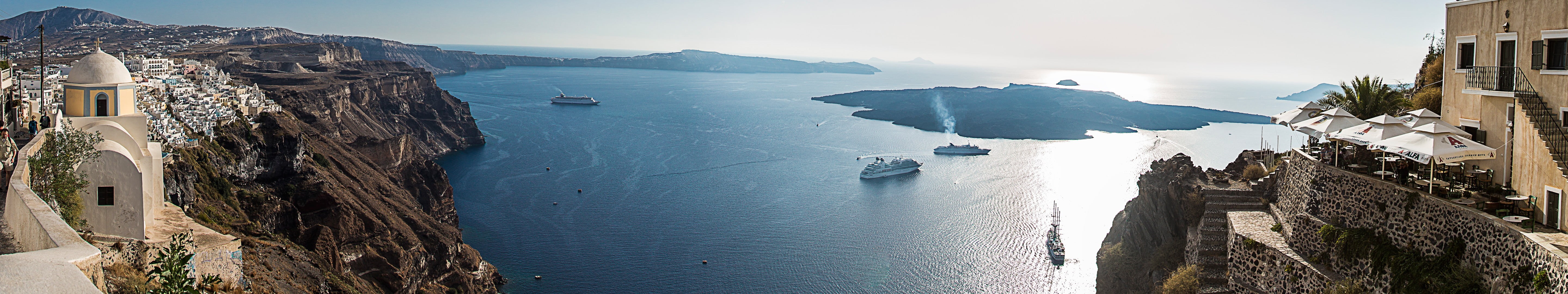 town, water, Santorini, Nea Kameni, house, outdoors, tranquility, built structure, day, no people, lagoon, building exterior, architecture, boat, panoramic, HD Wallpaper