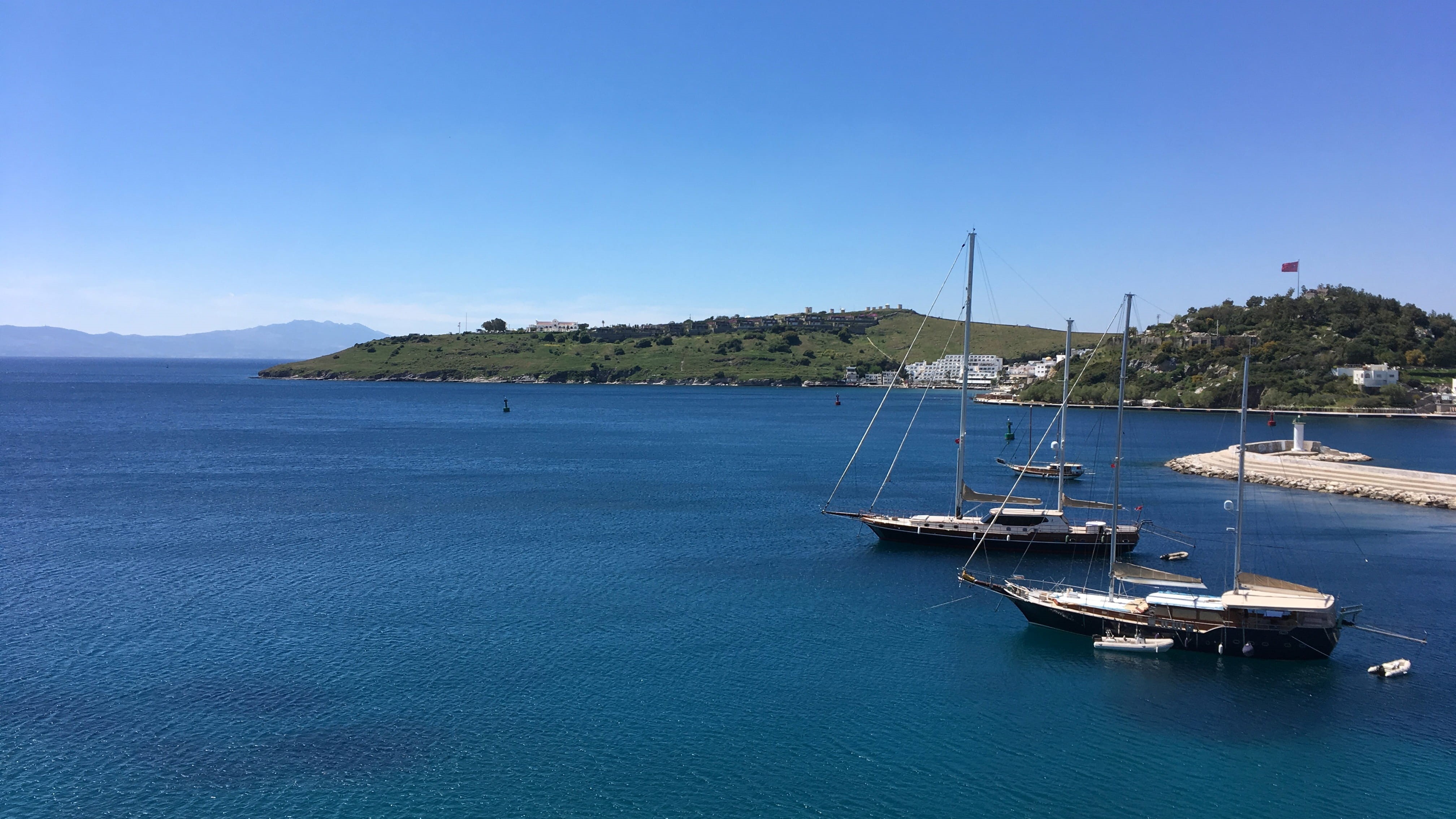 transportation, sky, waterfront, beauty in nature, anchored, moored, water, sailboat, tranquility, sea, mountain, port, yacht, outdoors, clear sky, nature, HD Wallpaper