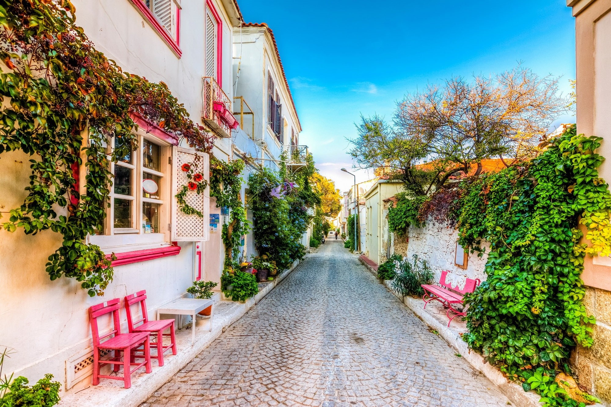 1080P, street, Bozcaada, pavers, benches, home, greens, Aegean Sea, HD Wallpaper