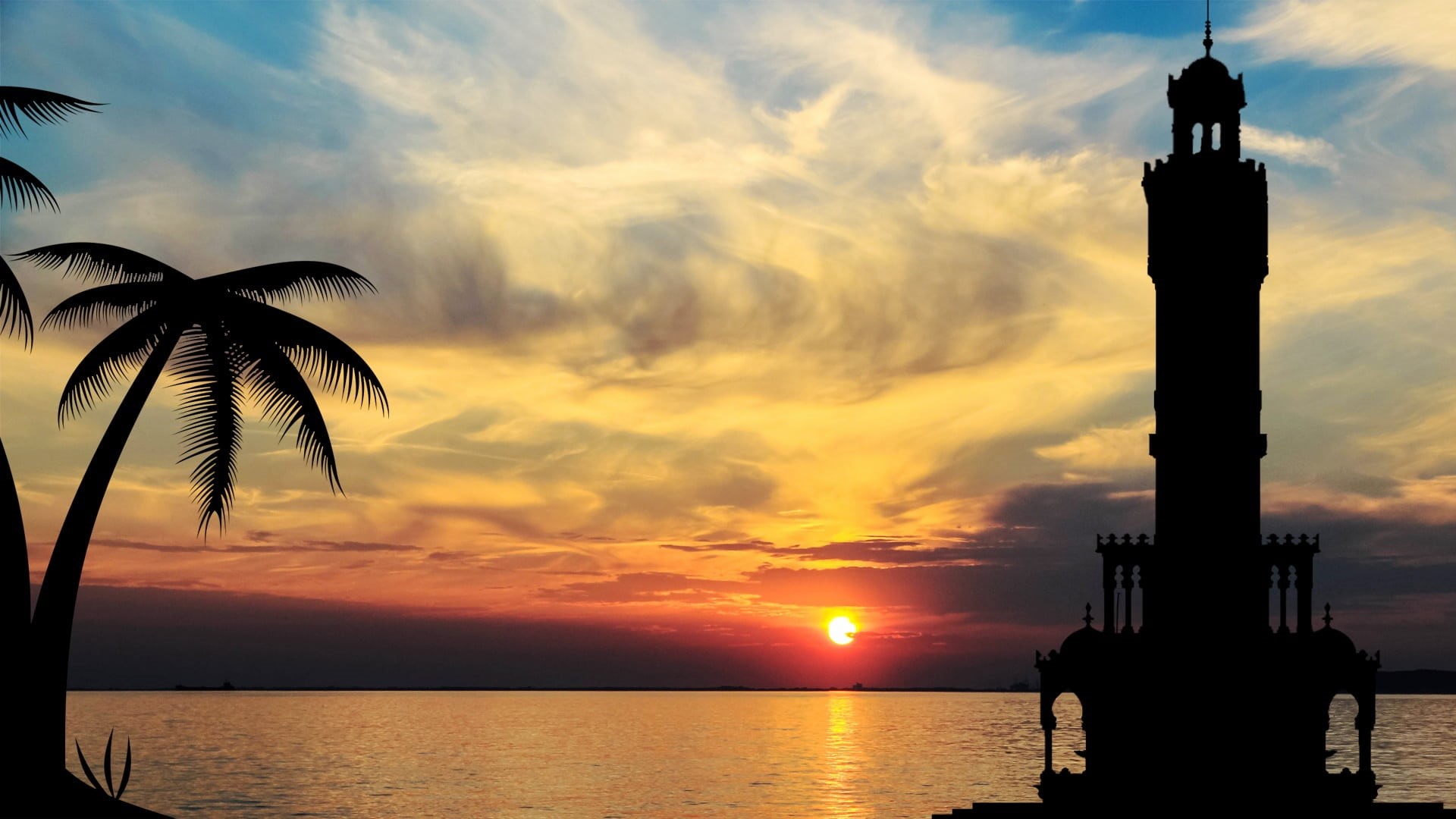 evening, sky, ege, sea, vector, turkey, lighthouse, golden, hour, architecture, tranquil scene, travel destinations, cloud - sky, sun, clock tower, aegean region, HD Wallpaper
