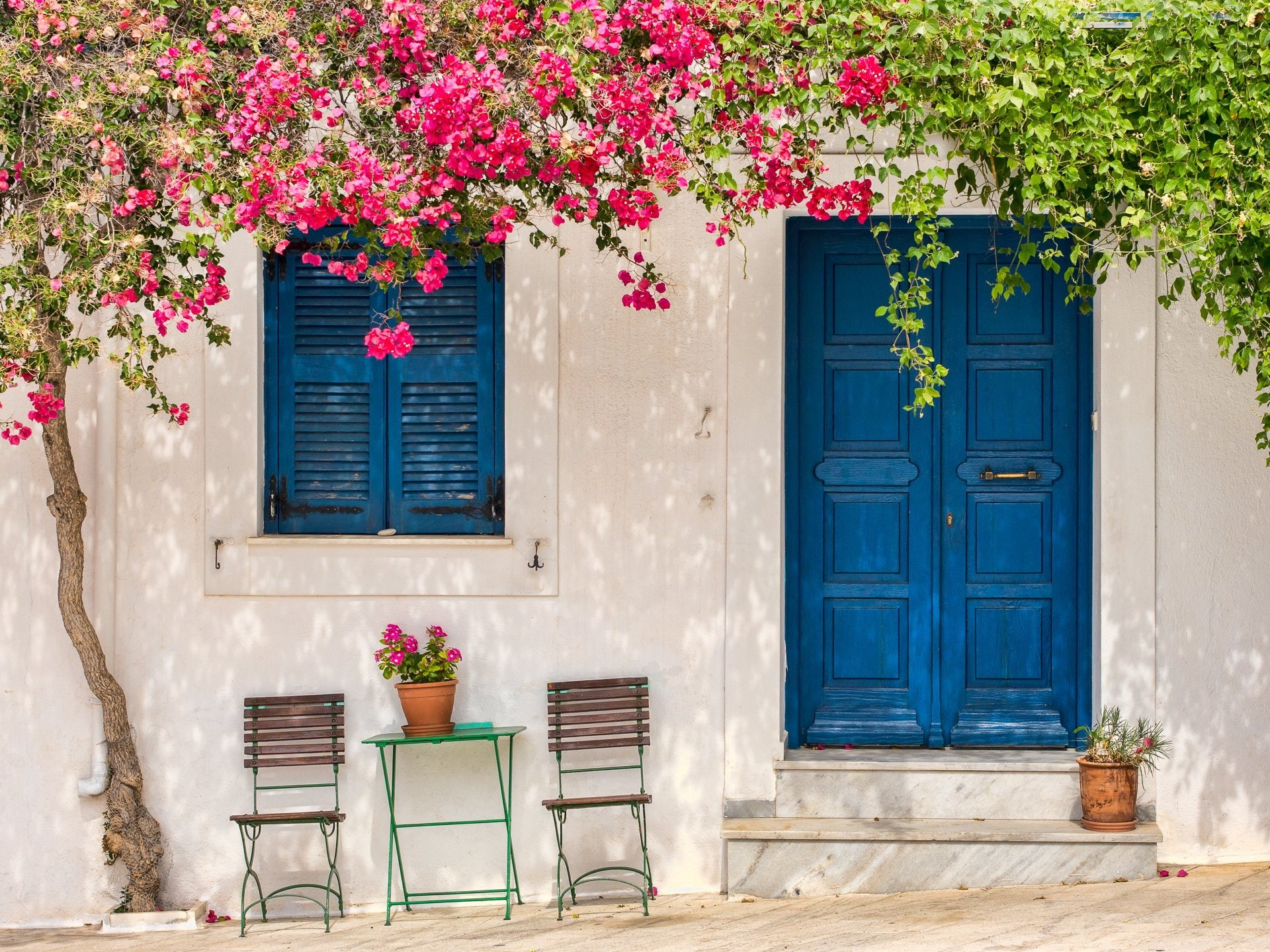 Flower, House, Door, Blue, 1080P, Man Made, Greece, Santorini, HD Wallpaper