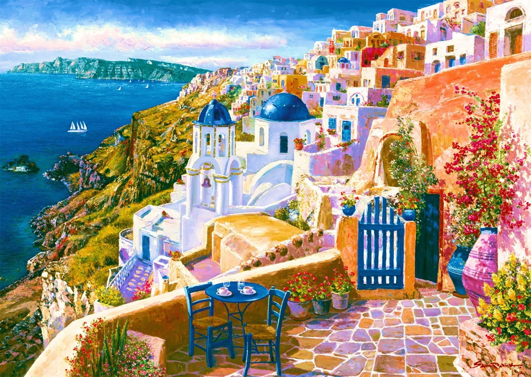 Colors, Santorini, Artistic, Painting, House, 720P, Greece, HD Wallpaper