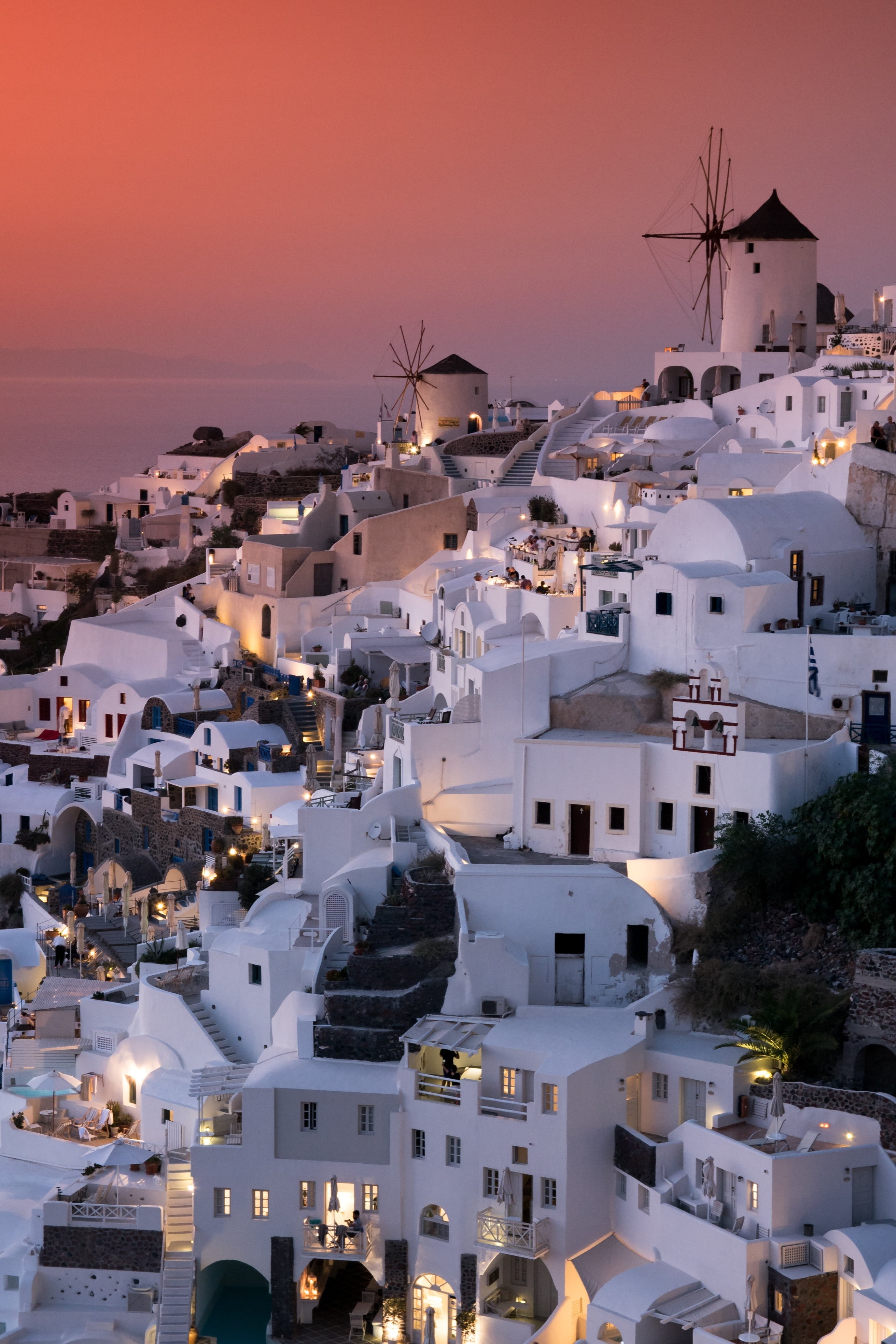 travel destinations, building, abendstimmung, architecture, environmental conservation, oia, sea view, 4K, sea, building exterior, built structure, place, Phone HD Wallpaper