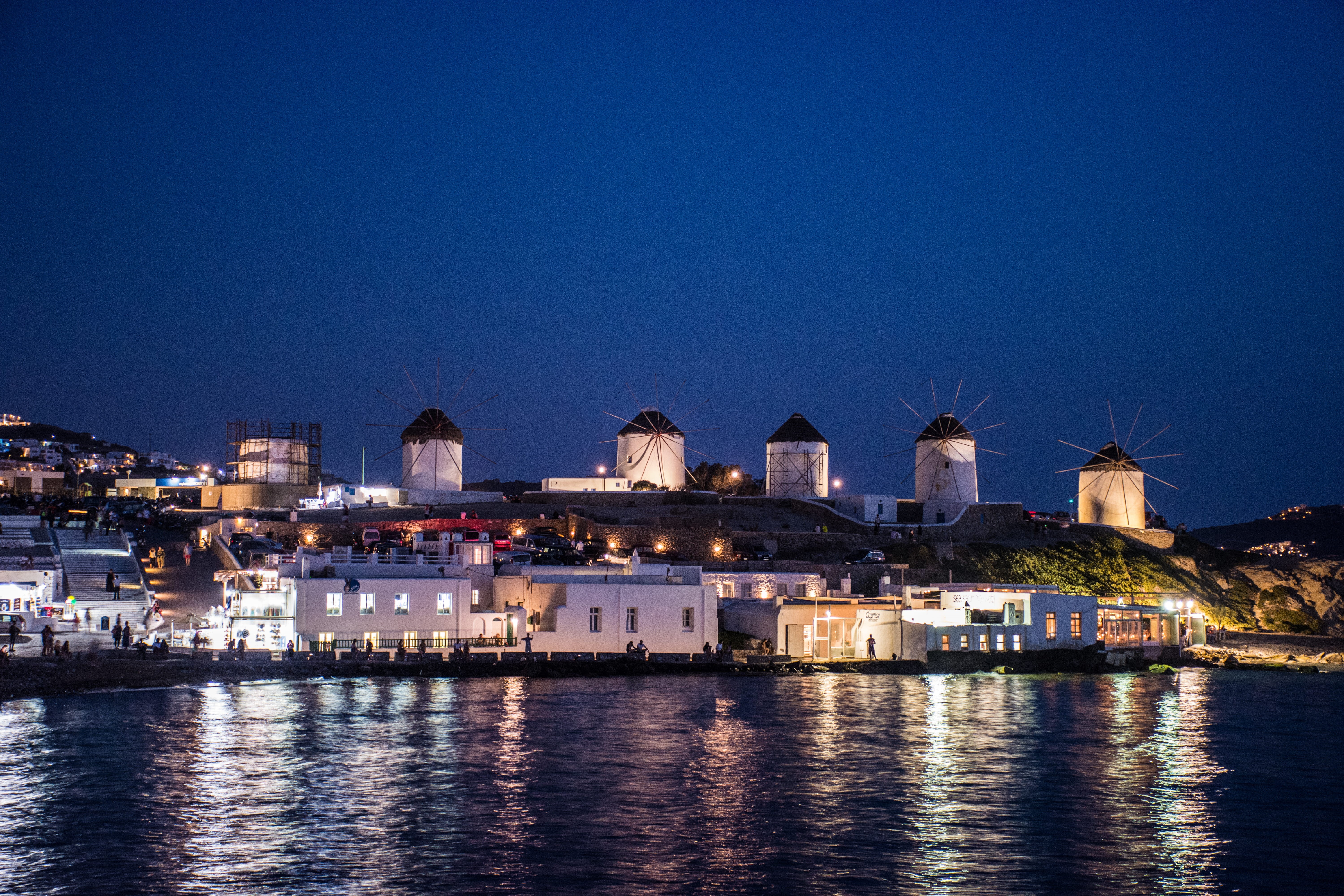 nature, greek islands, illuminated, 5K, tourist, water, ce, lights, religion, landscape, reflections, mykonos, sky, meditate, architecture, Night, reflection, HD Wallpaper