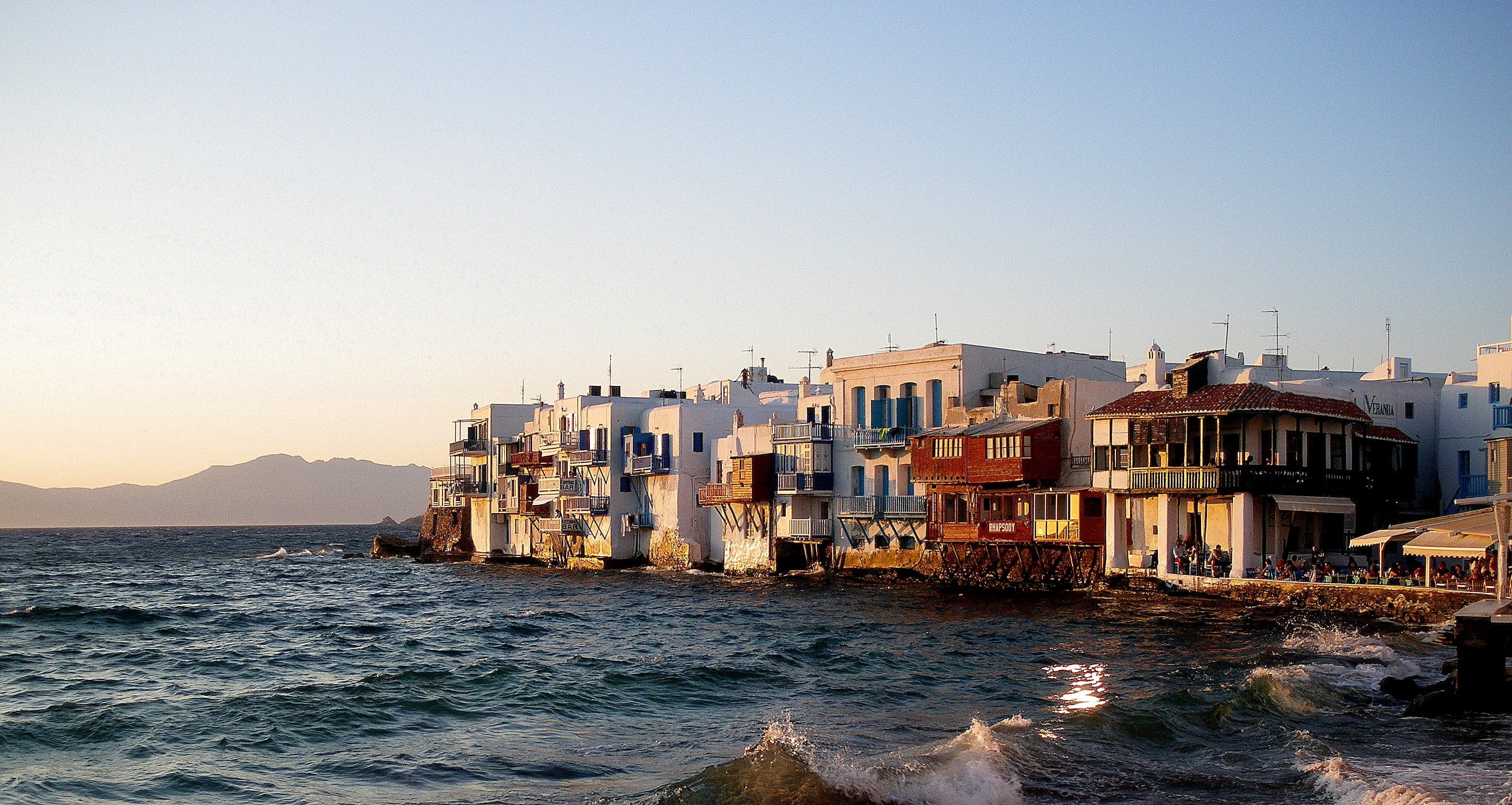 day, cyclades, nature, little venice, clear sky, beauty in nature, mykonos, built structure, water, residential district, sunlight, building exterior, 2K, HD Wallpaper