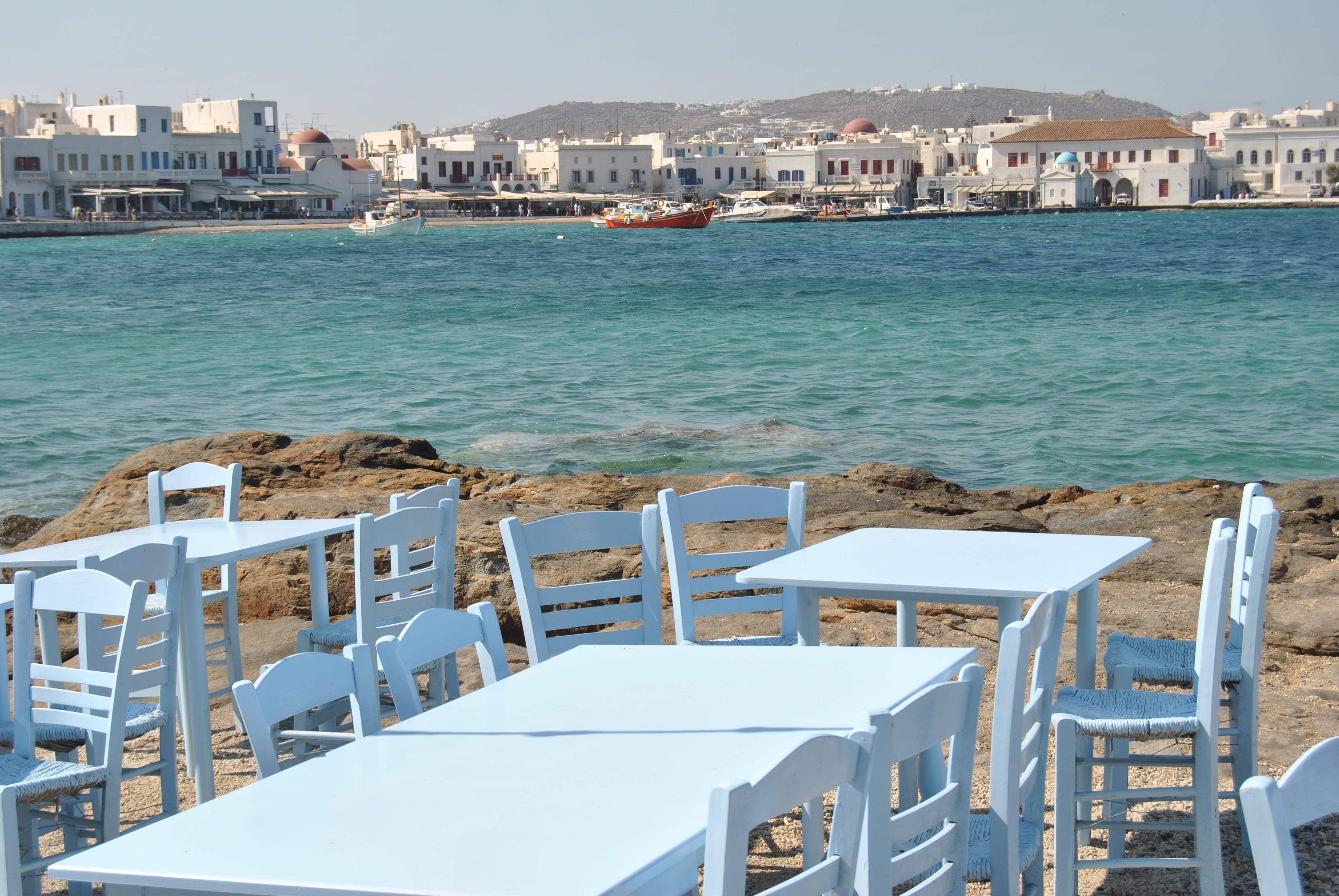 luxury, Bay, chair, building exterior, built structure, Sea, building, architecture, Mykonos, land, cityscape, tables, beach, outdoors, travel destinations, HD Wallpaper