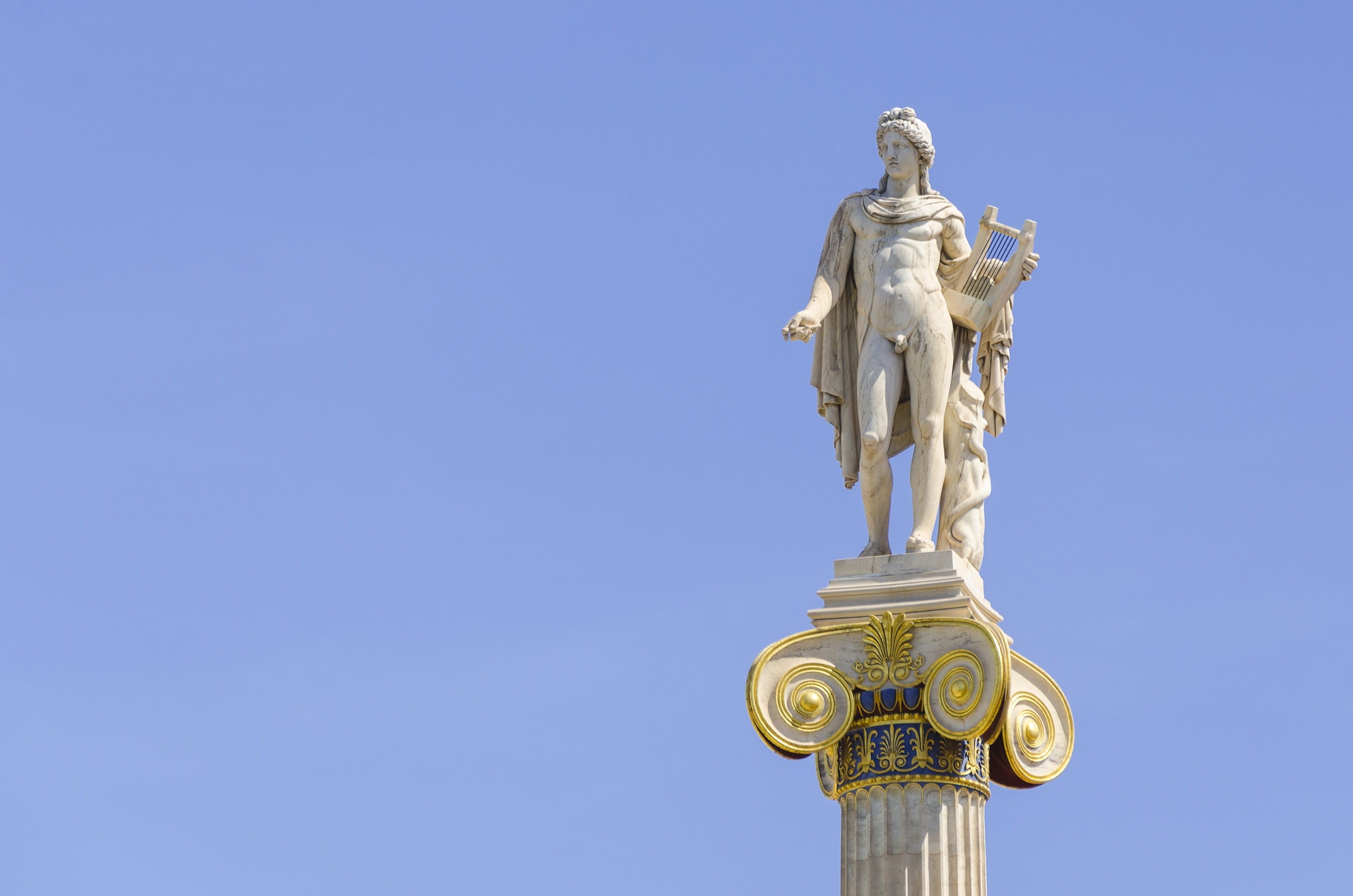 mediterranean, architectural column, copy space, city, clear sky, blue, architecture, day, culture, greece, female likeness, europe, greek god, statue, HD Wallpaper