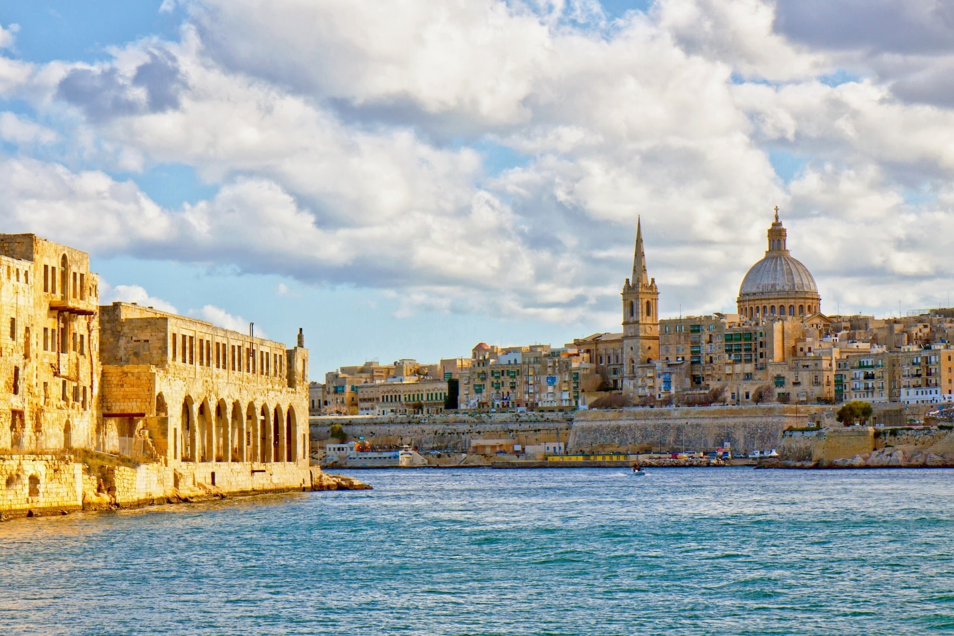 canal, city, tourism, Malta, spirituality, belief, dome, built structure, religion, travel destinations, building, 1080P, architecture, water, white, cloudy, HD Wallpaper