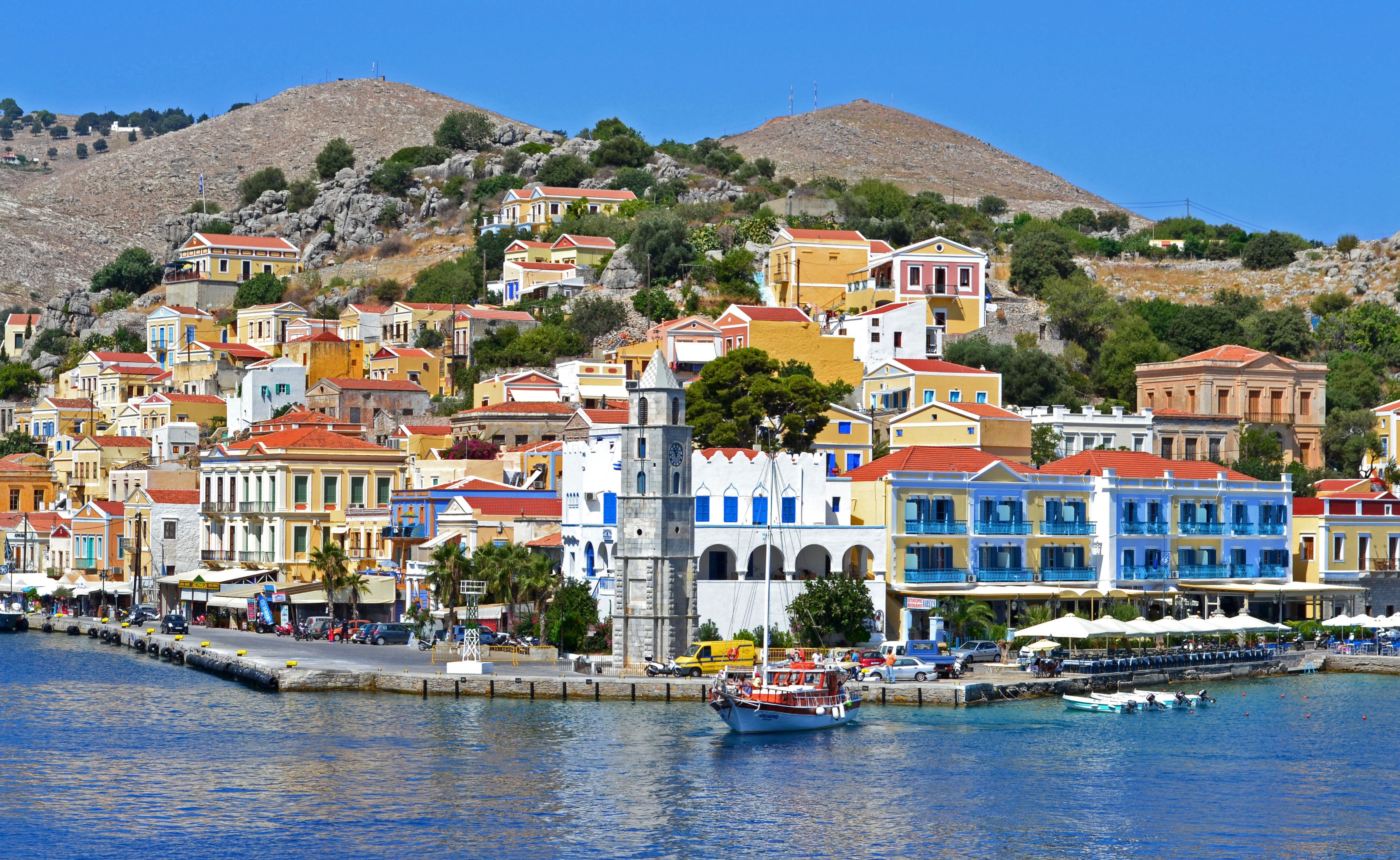 multi colored, vacations, architecture, waterfront, simi, summer, boat, chapel, mountain, cityscape, mediterranean Countries, residential district, pier, HD Wallpaper